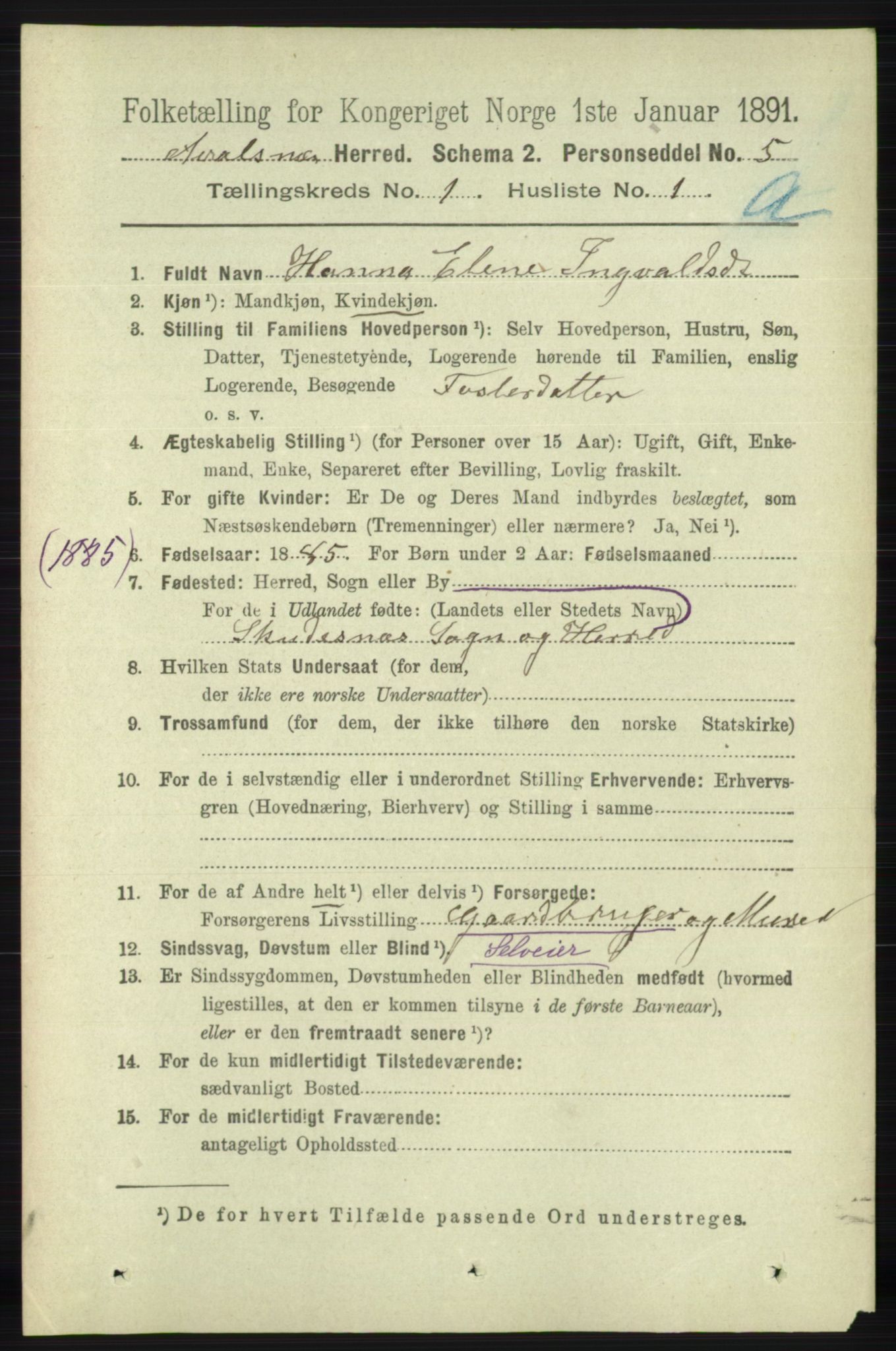 RA, 1891 census for 1147 Avaldsnes, 1891, p. 173