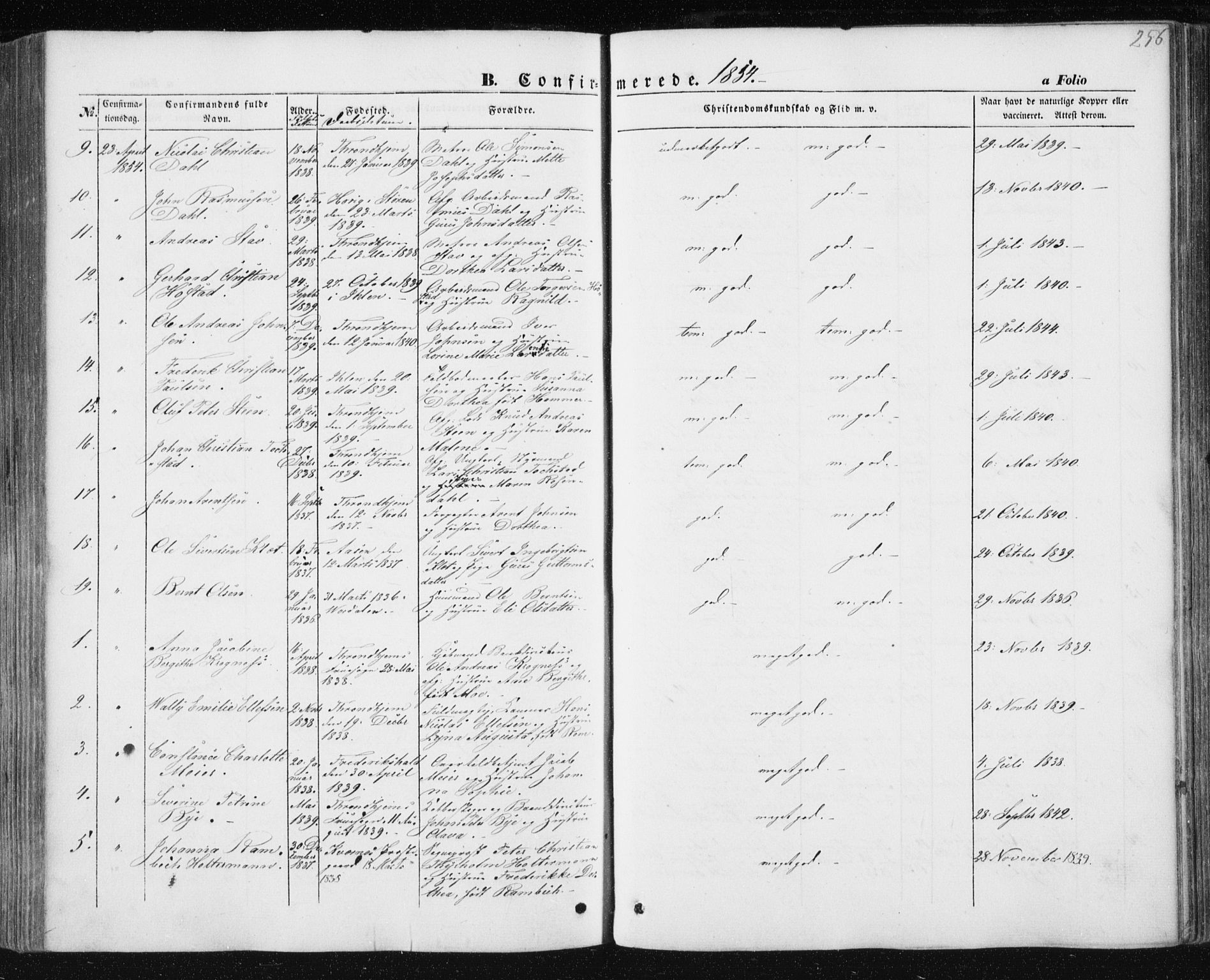 Ministerialprotokoller, klokkerbøker og fødselsregistre - Sør-Trøndelag, SAT/A-1456/602/L0112: Parish register (official) no. 602A10, 1848-1859, p. 256