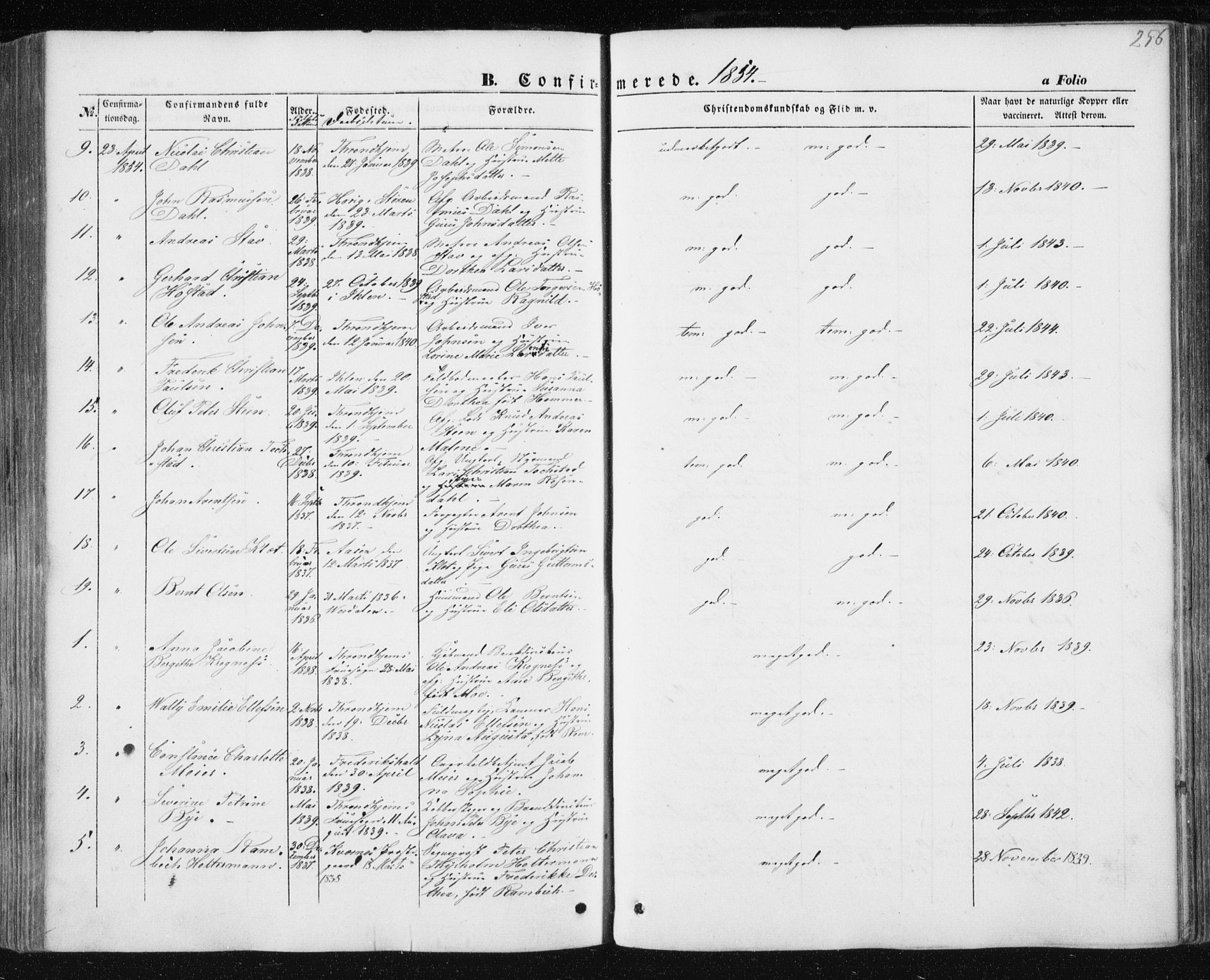 Ministerialprotokoller, klokkerbøker og fødselsregistre - Sør-Trøndelag, AV/SAT-A-1456/602/L0112: Parish register (official) no. 602A10, 1848-1859, p. 256