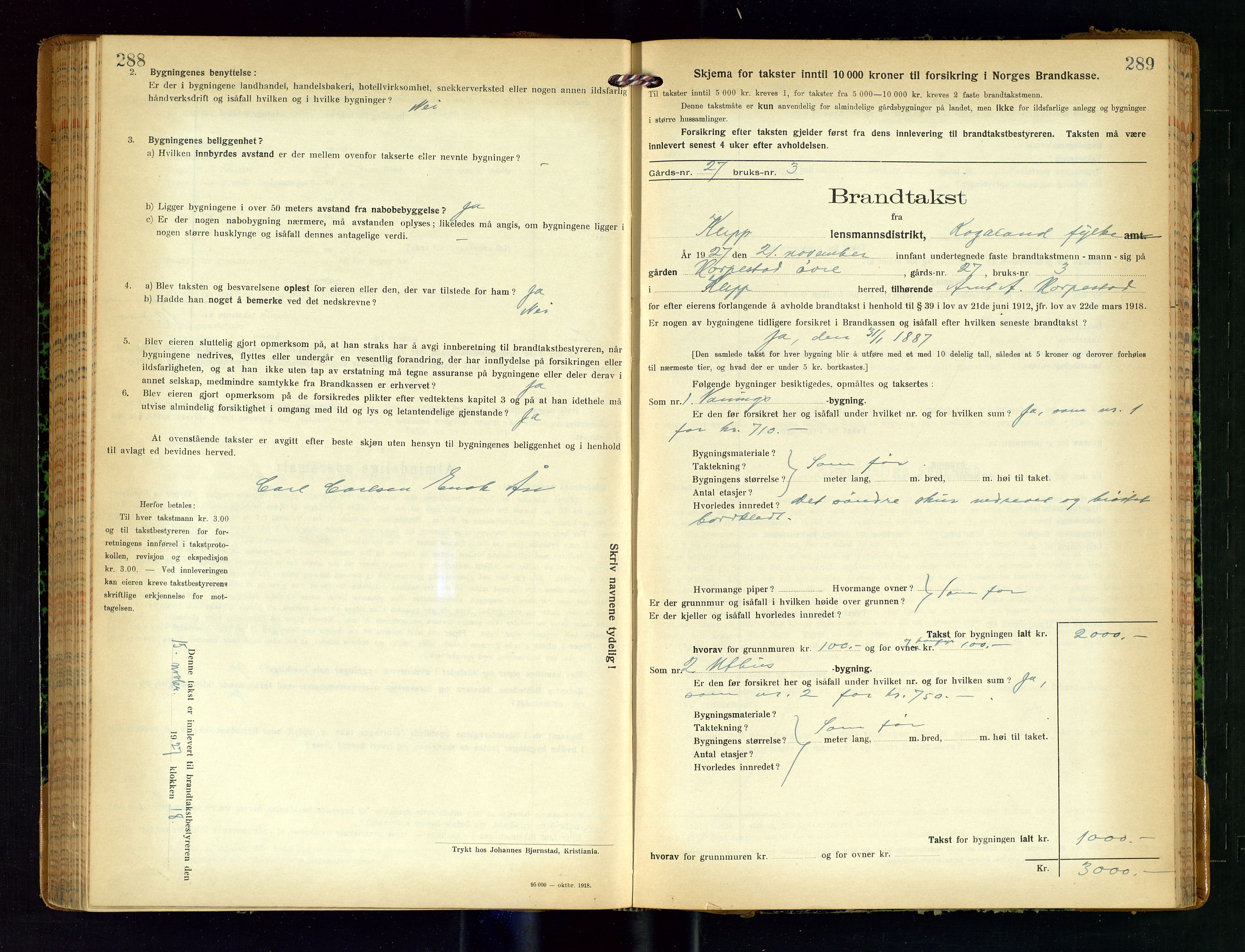 Klepp lensmannskontor, AV/SAST-A-100163/Goc/L0011: "Brandtakstprotokoll" m/register, 1924-1929, p. 288-289