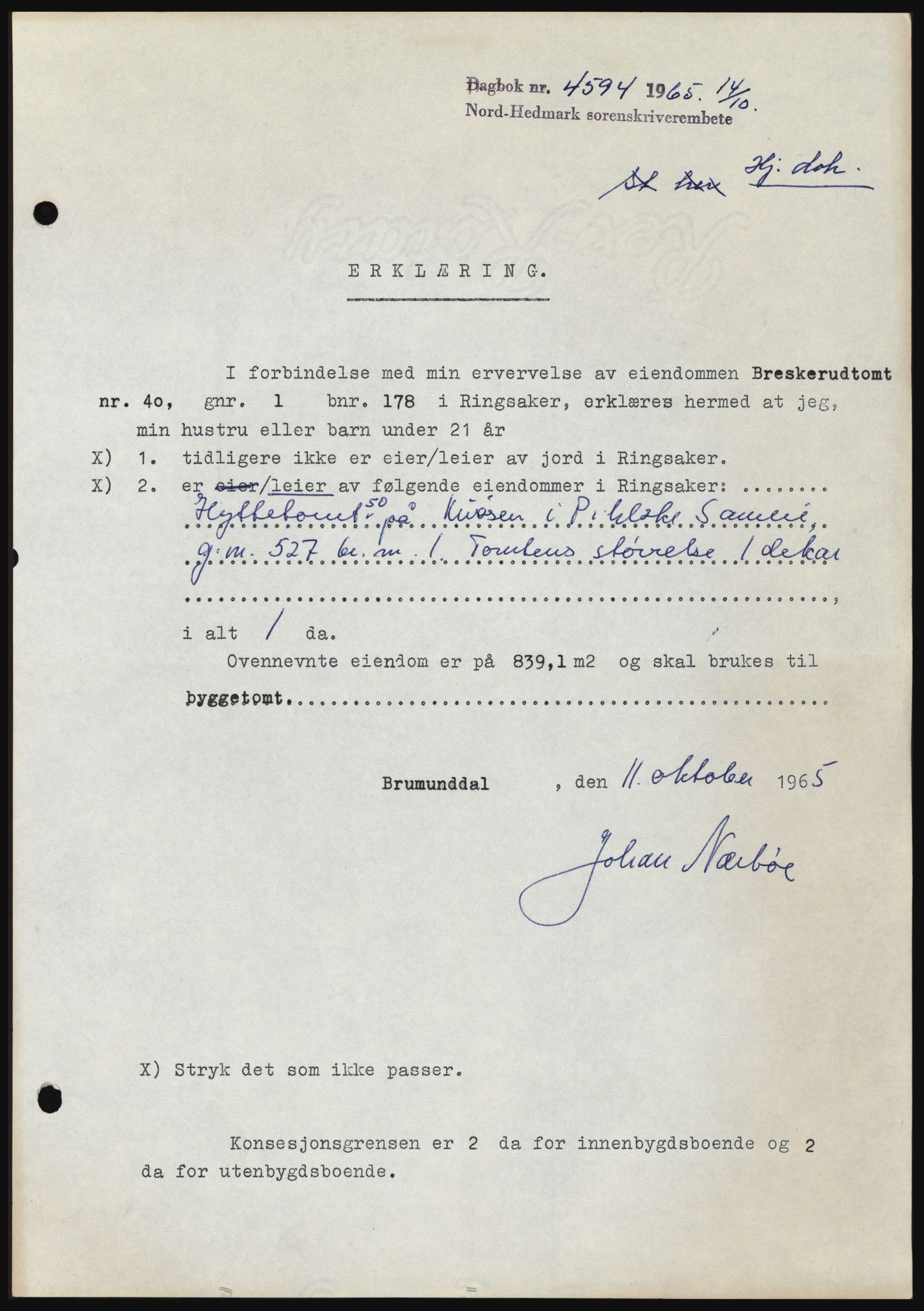 Nord-Hedmark sorenskriveri, SAH/TING-012/H/Hc/L0022: Mortgage book no. 22, 1965-1965, Diary no: : 4594/1965