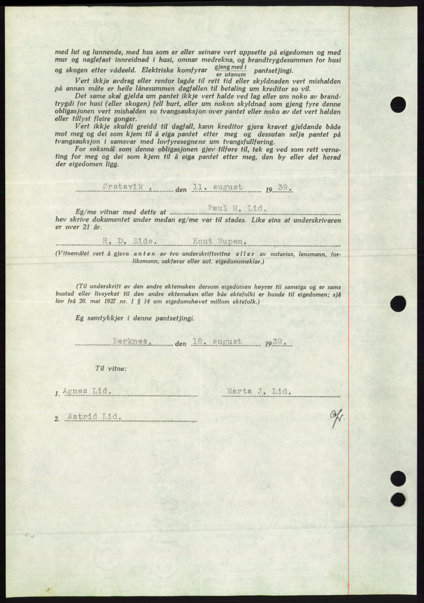 Søre Sunnmøre sorenskriveri, AV/SAT-A-4122/1/2/2C/L0068: Mortgage book no. 62, 1939-1939, Diary no: : 1255/1939