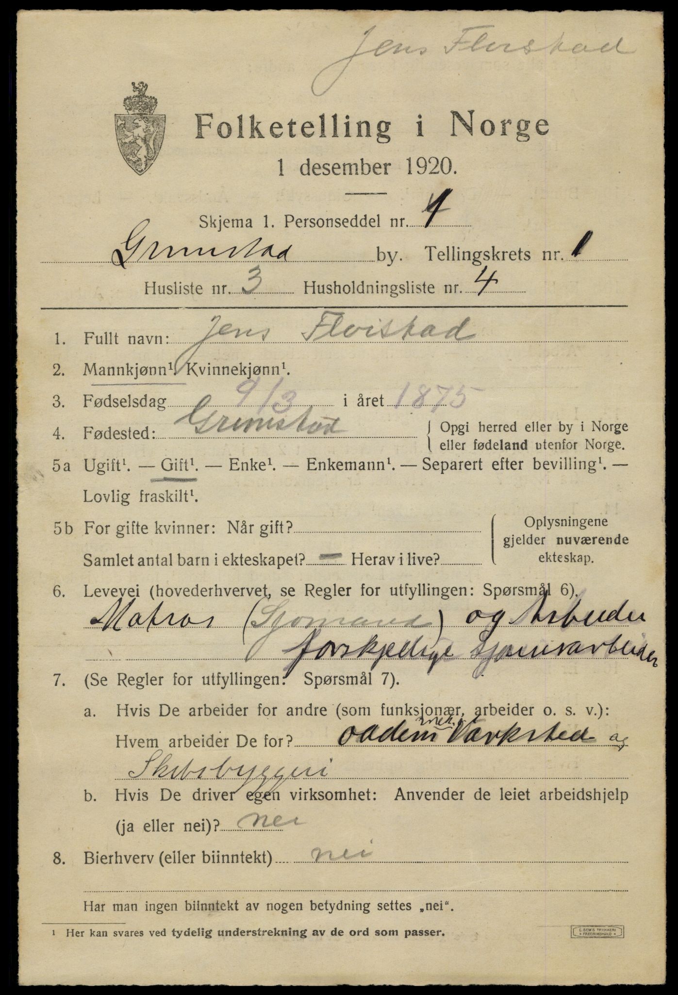 SAK, 1920 census for Grimstad, 1920, p. 2337