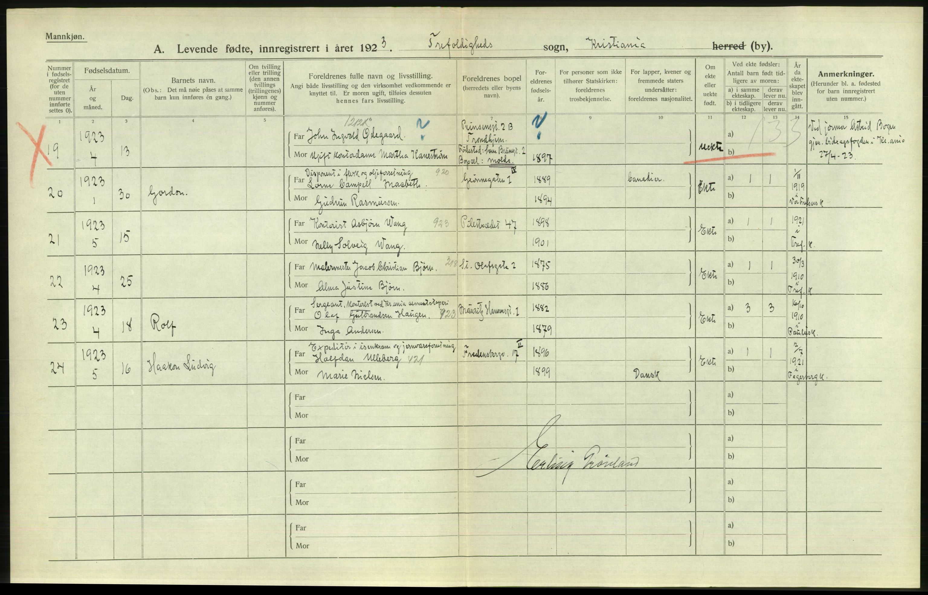 Statistisk sentralbyrå, Sosiodemografiske emner, Befolkning, AV/RA-S-2228/D/Df/Dfc/Dfcc/L0006: Kristiania: Levendefødte menn og kvinner., 1923, p. 816