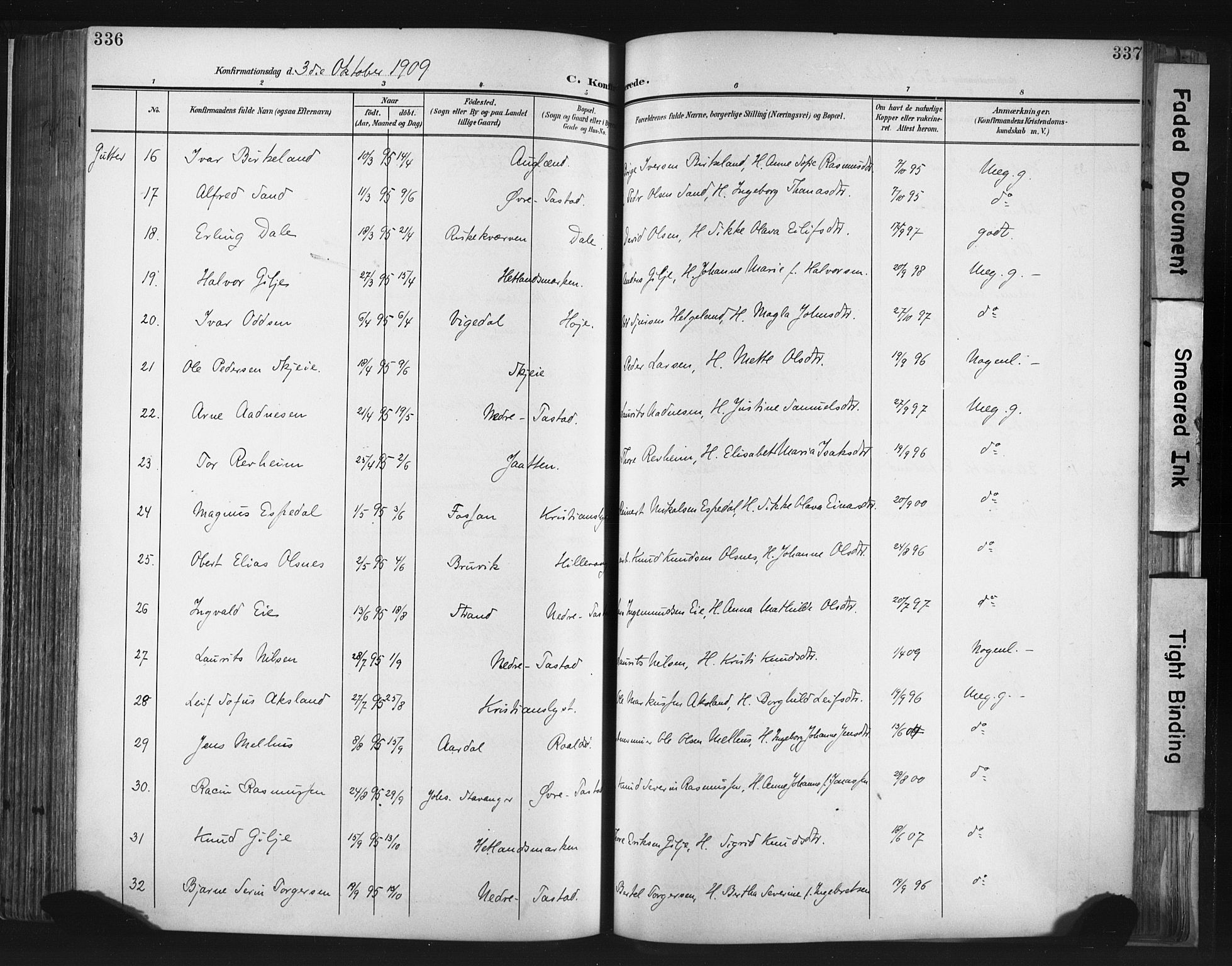 Hetland sokneprestkontor, AV/SAST-A-101826/30/30BA/L0013: Parish register (official) no. A 13, 1904-1918, p. 336-337