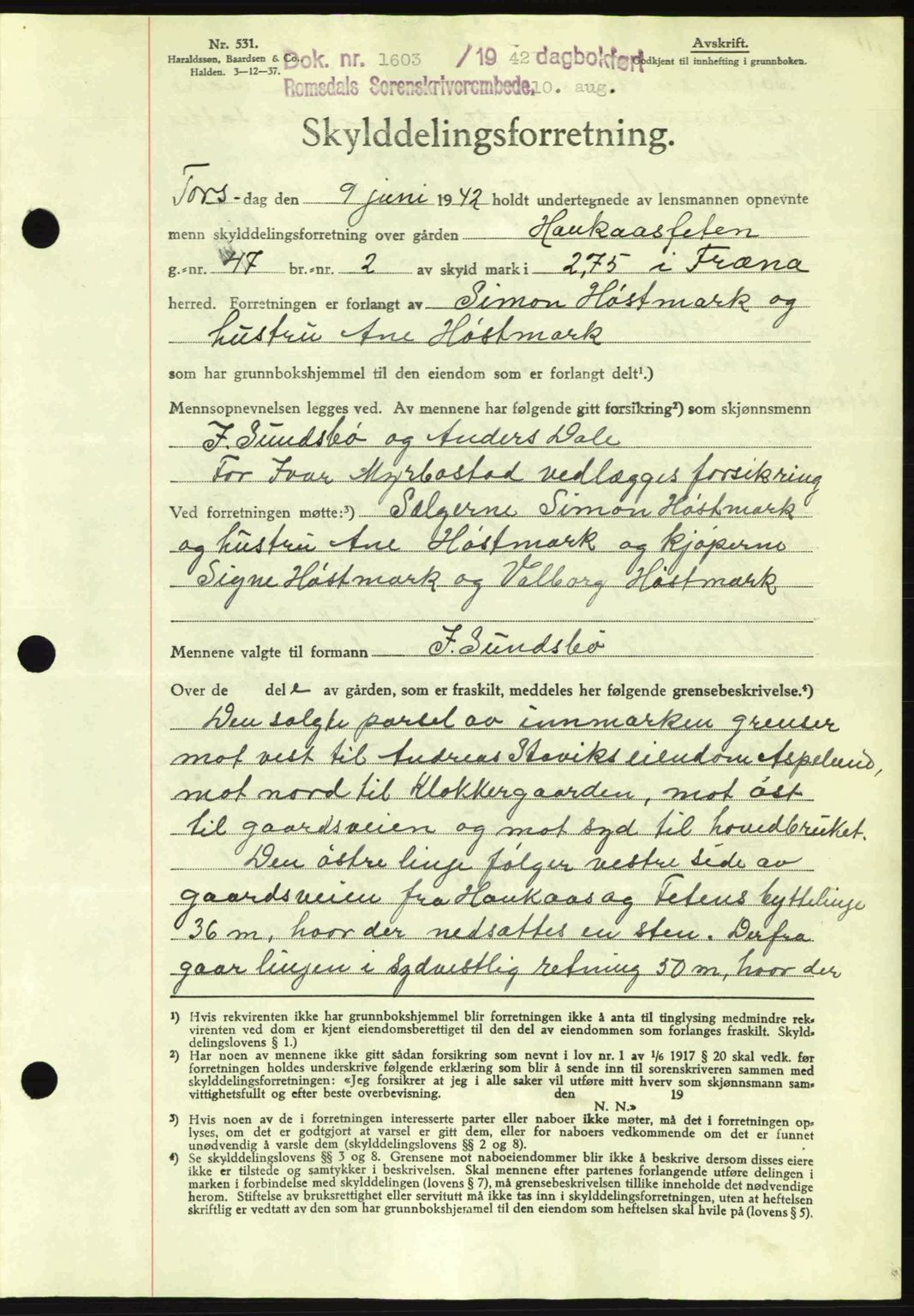 Romsdal sorenskriveri, AV/SAT-A-4149/1/2/2C: Mortgage book no. A12, 1942-1942, Diary no: : 1603/1942