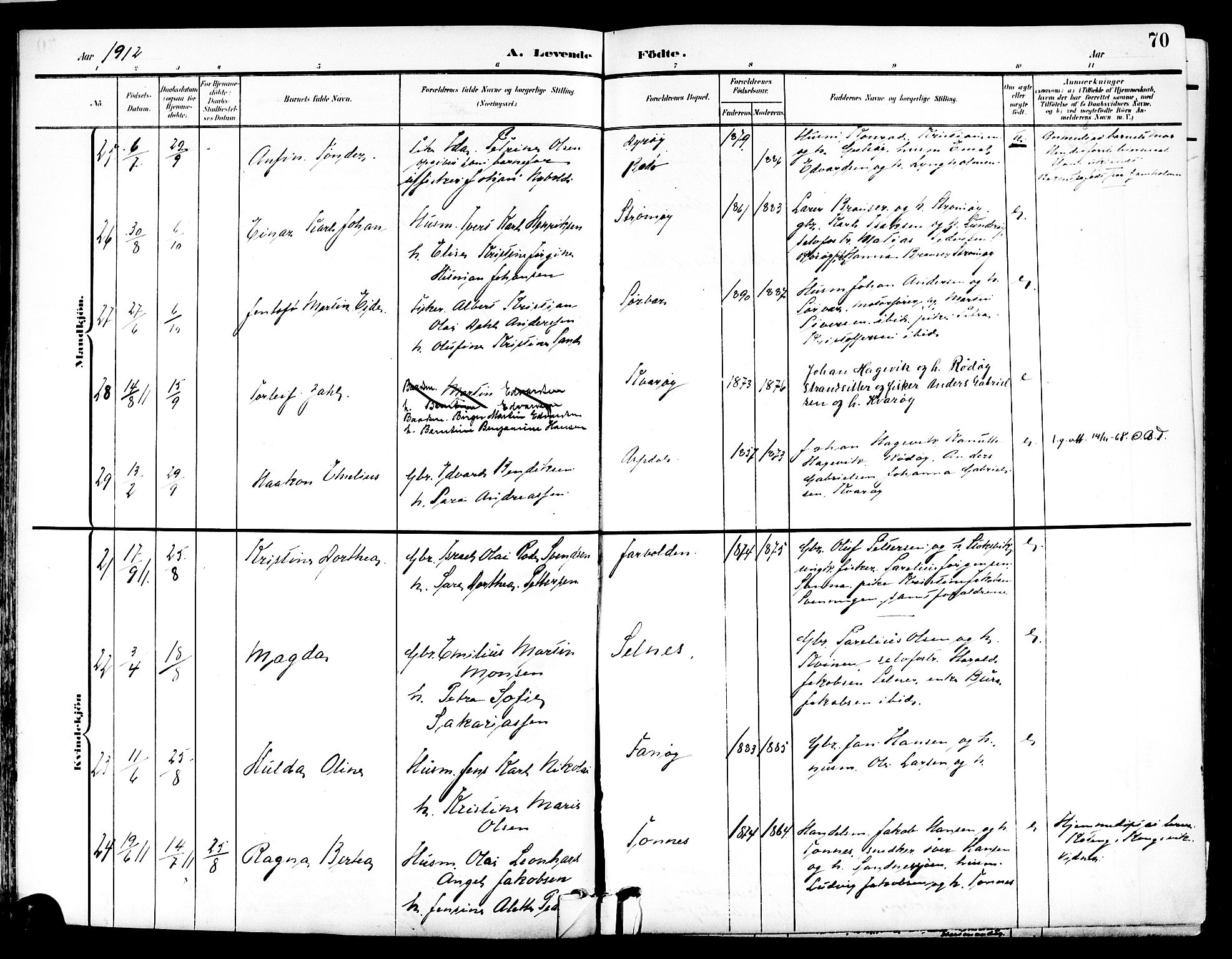 Ministerialprotokoller, klokkerbøker og fødselsregistre - Nordland, AV/SAT-A-1459/839/L0569: Parish register (official) no. 839A06, 1903-1922, p. 70