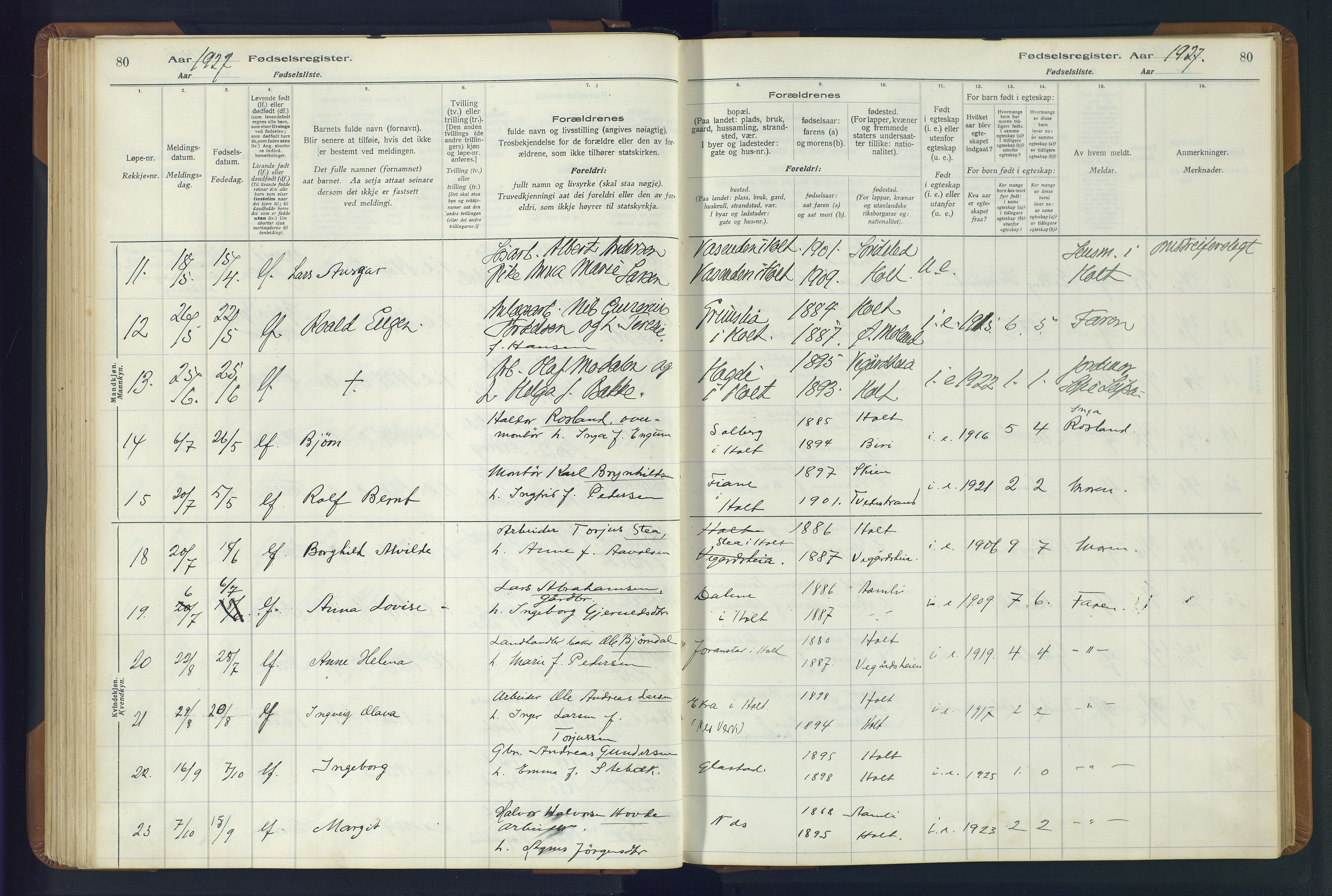 Holt sokneprestkontor, AV/SAK-1111-0021/J/Ja/L0001: Birth register no. II.4.1, 1916-1946, p. 80