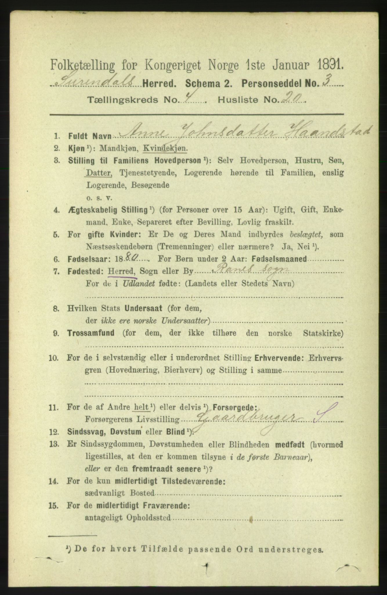 RA, 1891 census for 1566 Surnadal, 1891, p. 1221