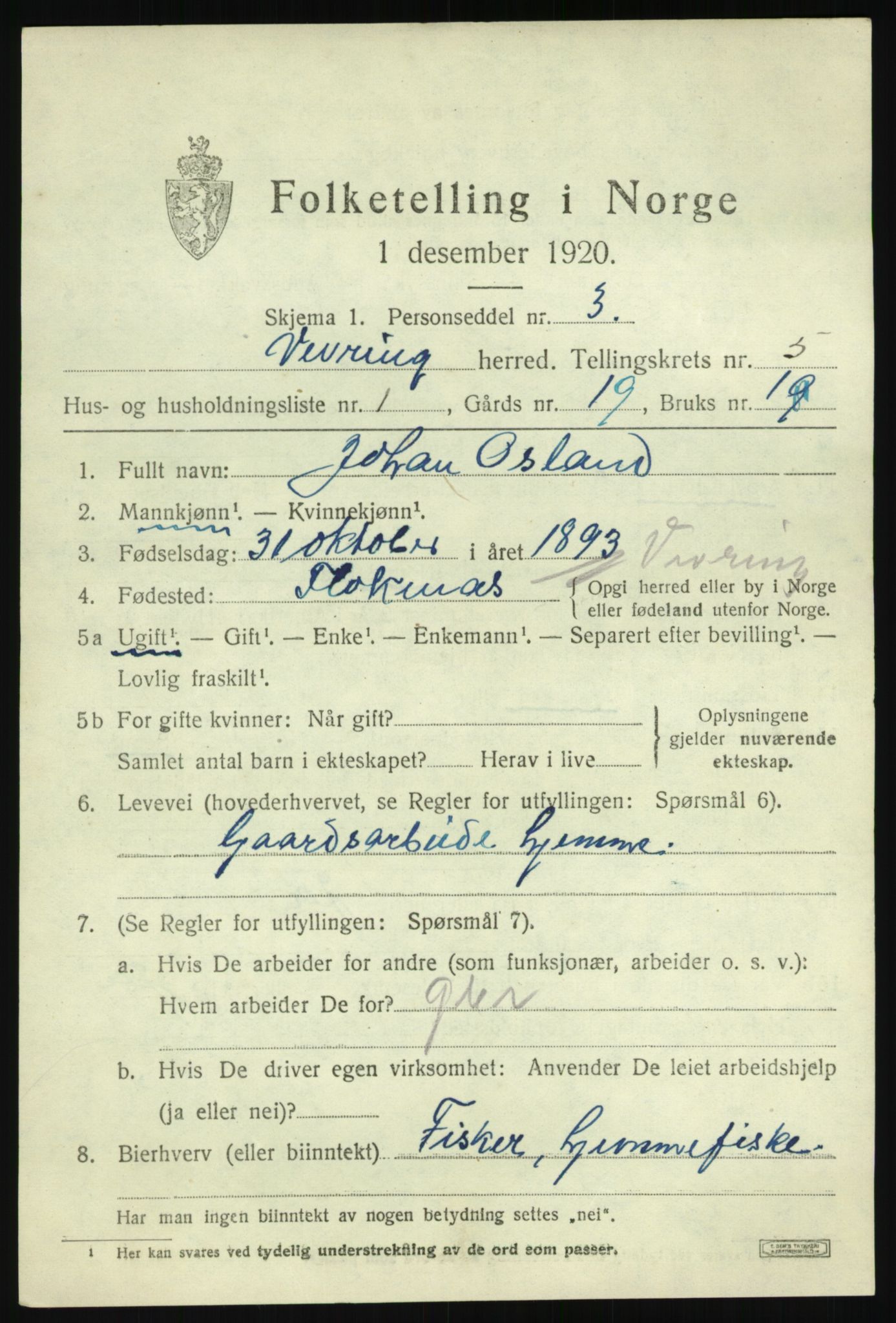 SAB, 1920 census for Vevring, 1920, p. 1420