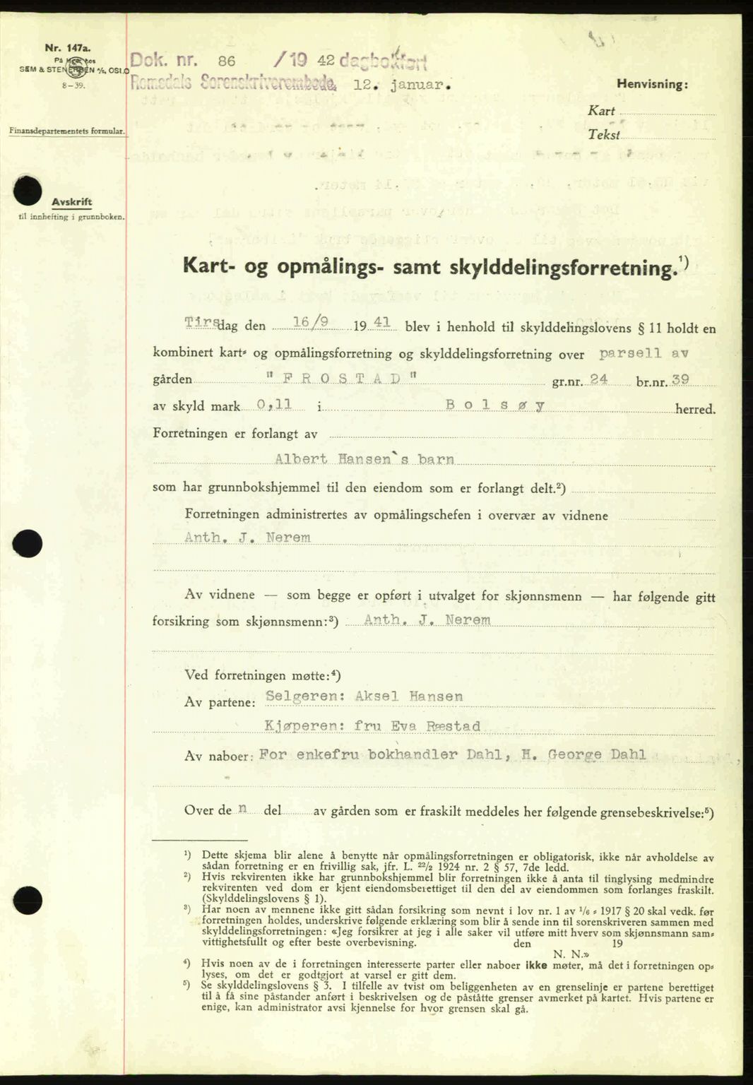 Romsdal sorenskriveri, AV/SAT-A-4149/1/2/2C: Mortgage book no. A11, 1941-1942, Diary no: : 86/1942