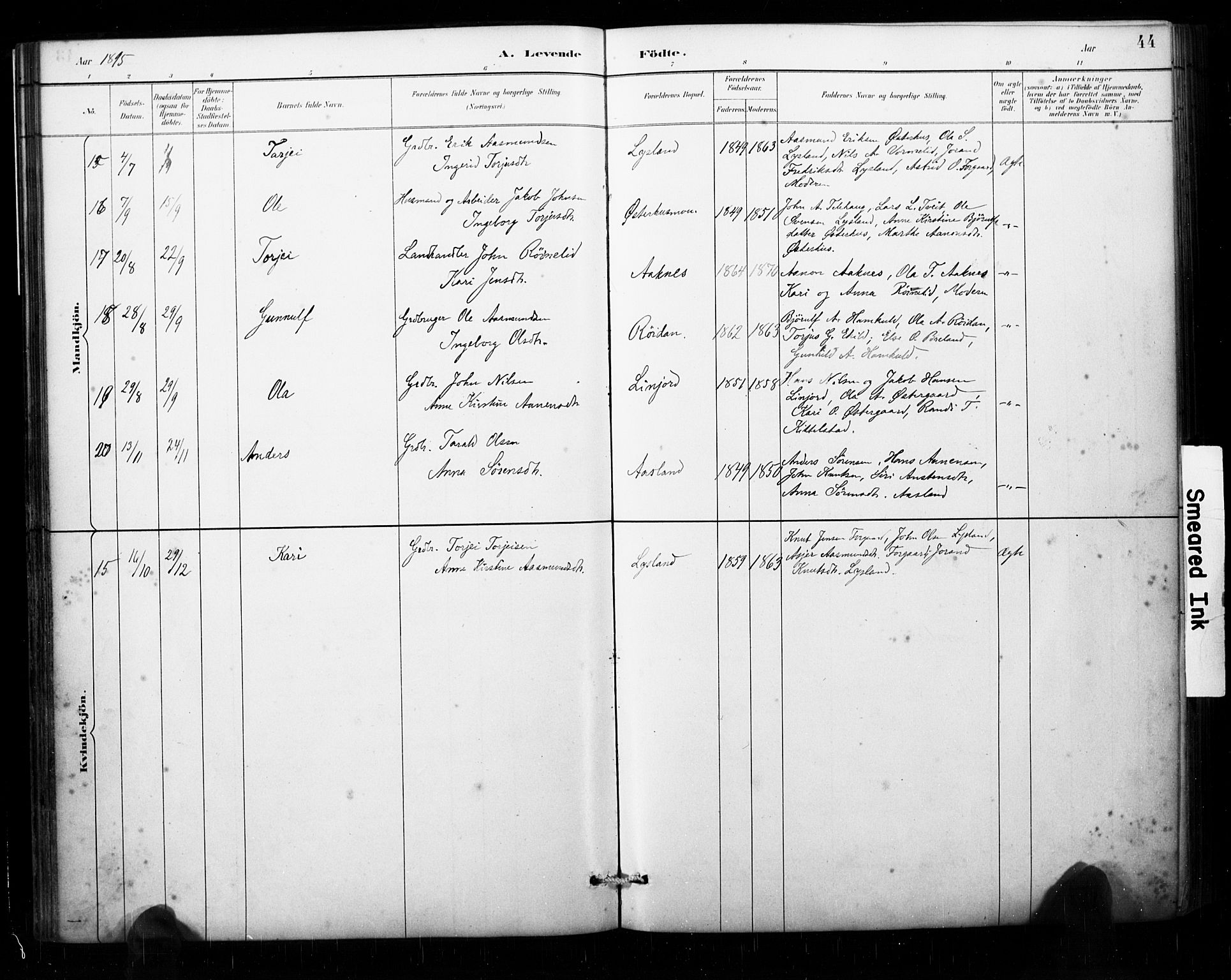 Åseral sokneprestkontor, AV/SAK-1111-0051/F/Fa/L0003: Parish register (official) no. A 3, 1884-1901, p. 44