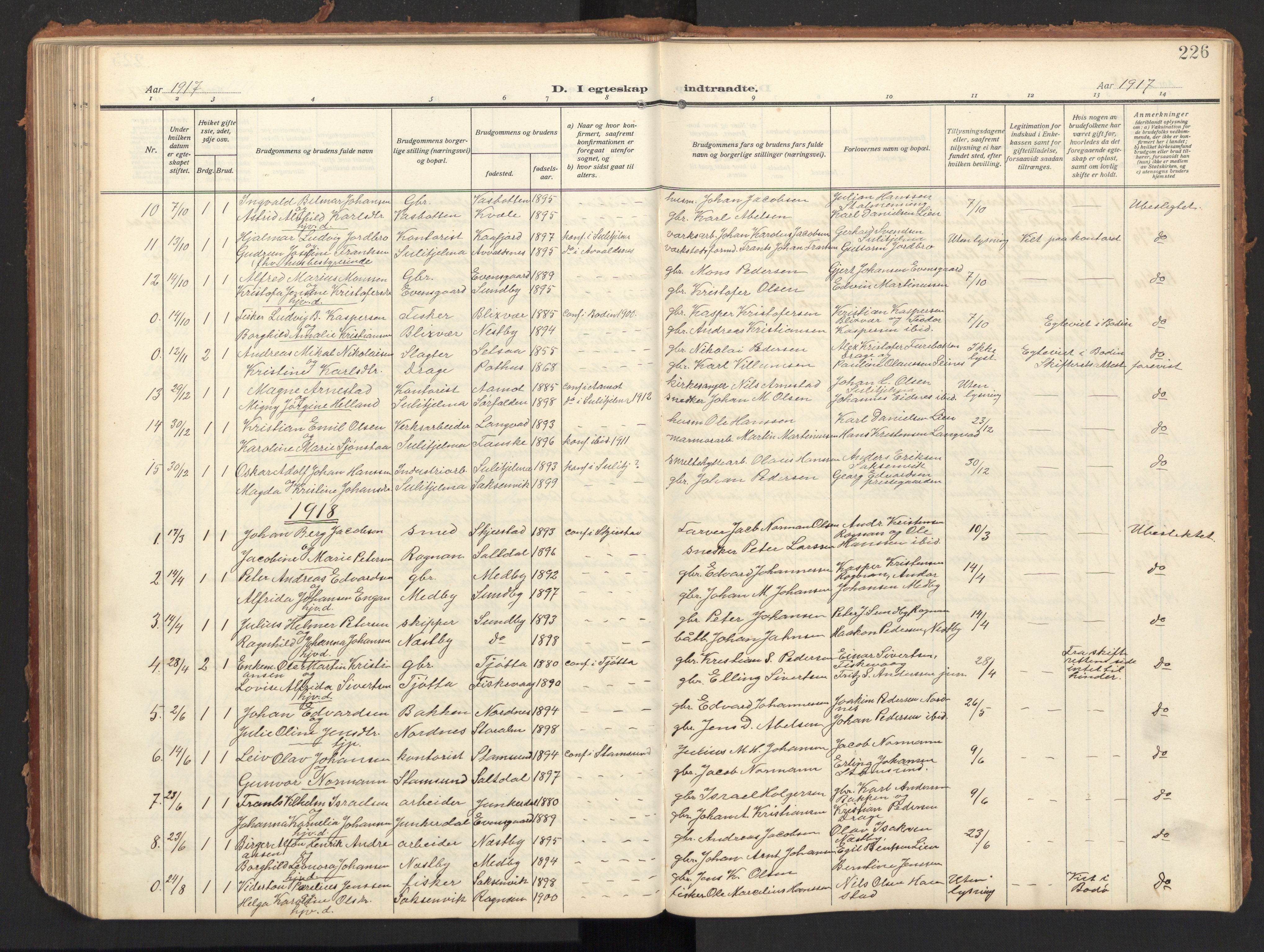 Ministerialprotokoller, klokkerbøker og fødselsregistre - Nordland, SAT/A-1459/847/L0683: Parish register (copy) no. 847C11, 1908-1929, p. 226