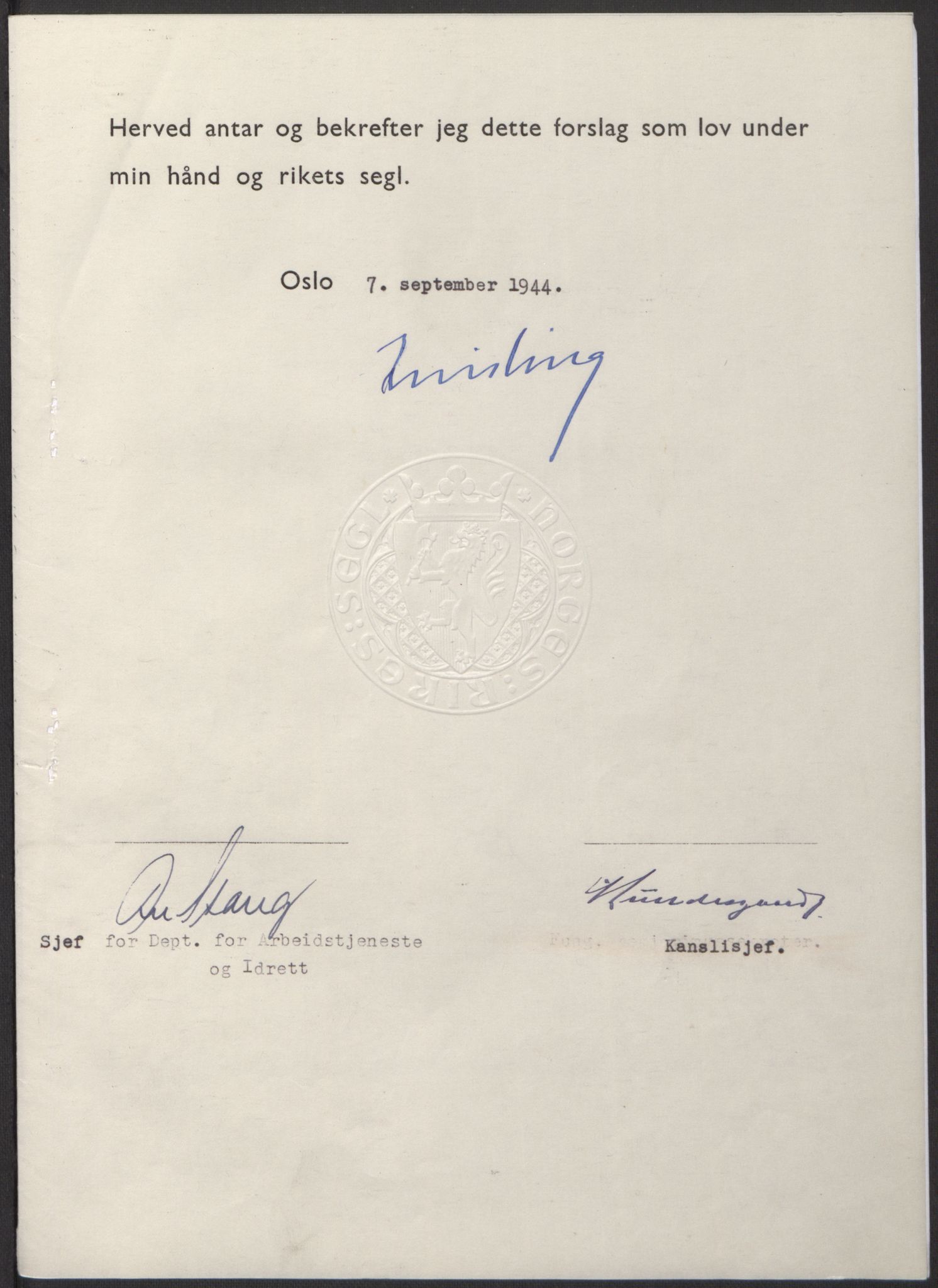 NS-administrasjonen 1940-1945 (Statsrådsekretariatet, de kommisariske statsråder mm), AV/RA-S-4279/D/Db/L0100: Lover, 1944, p. 421