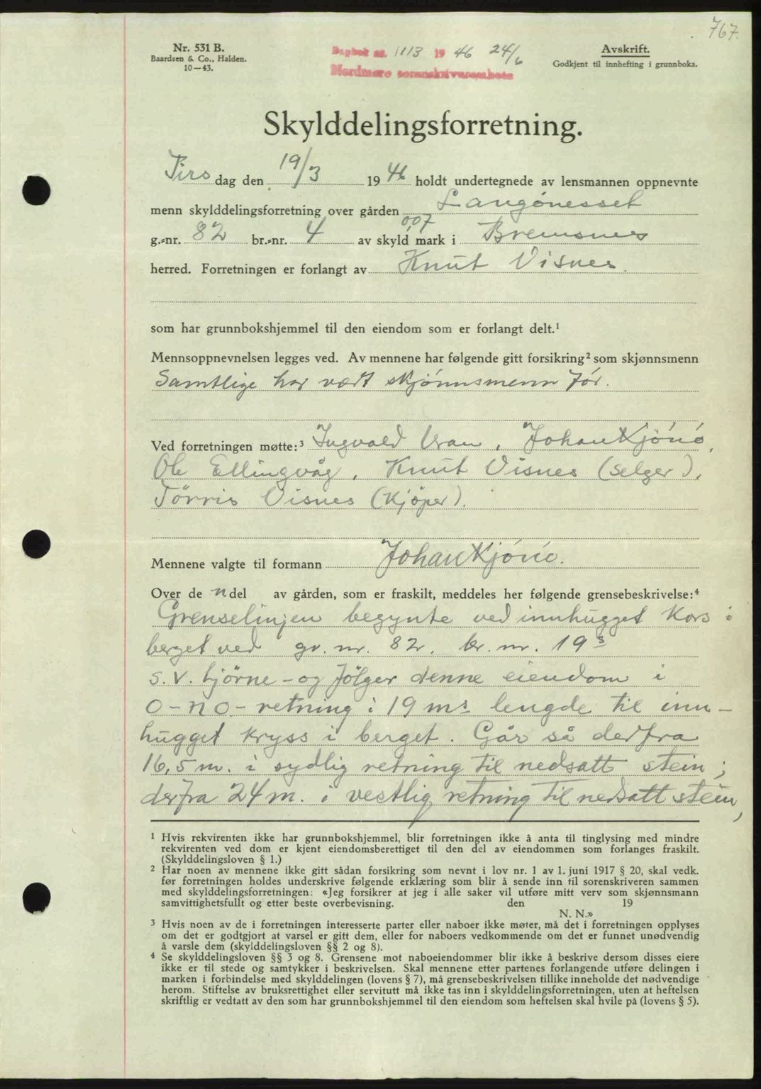 Nordmøre sorenskriveri, AV/SAT-A-4132/1/2/2Ca: Mortgage book no. A101, 1946-1946, Diary no: : 1113/1946