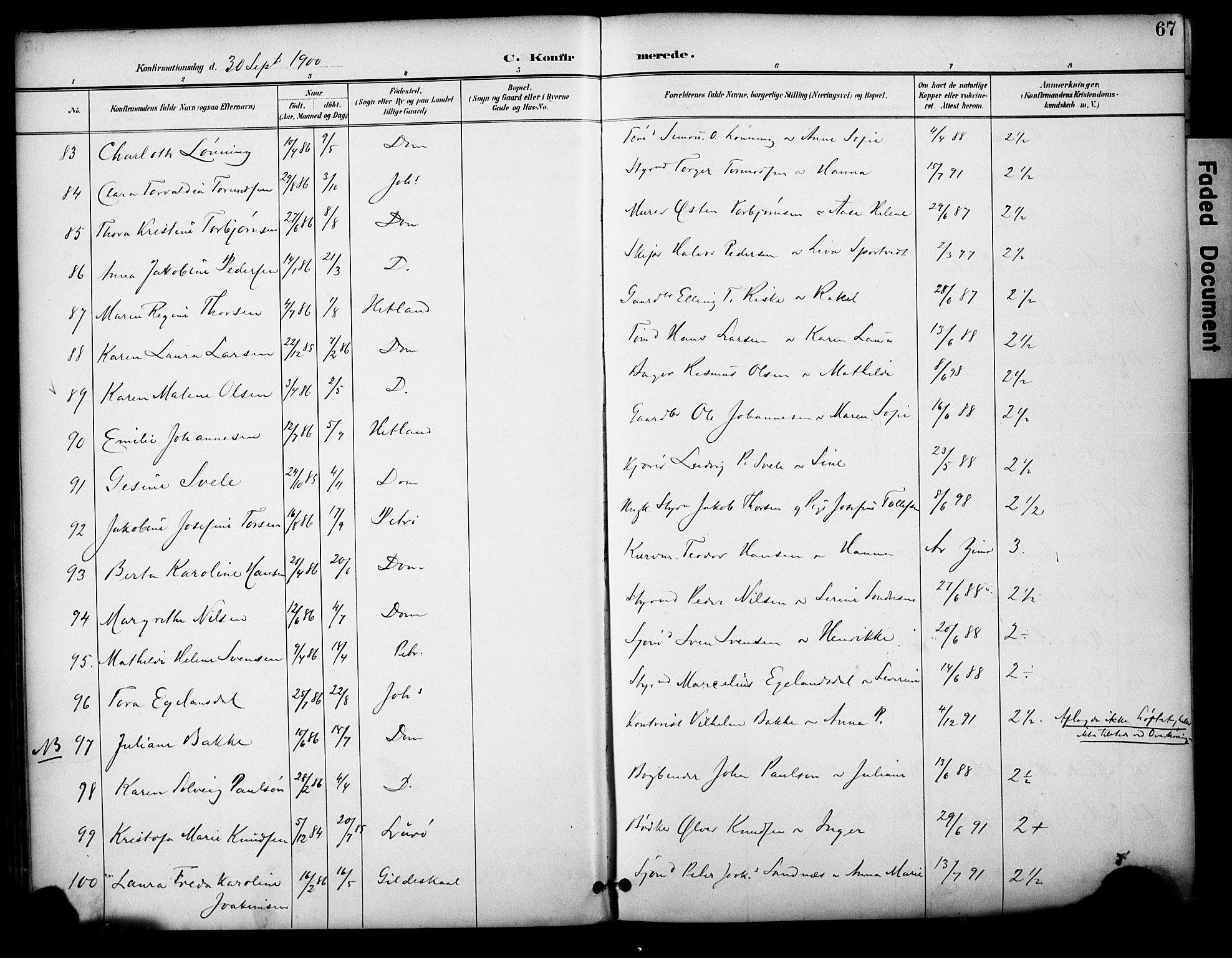 Domkirken sokneprestkontor, AV/SAST-A-101812/001/30/30BA/L0031: Parish register (official) no. A 30, 1896-1916, p. 67