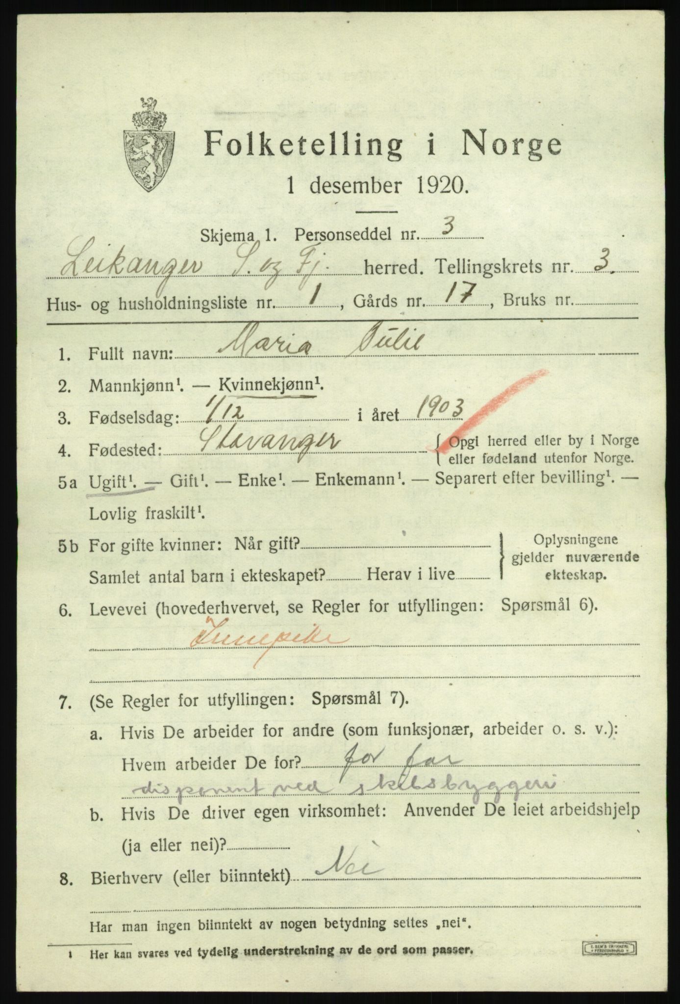 SAB, 1920 census for Leikanger, 1920, p. 2246