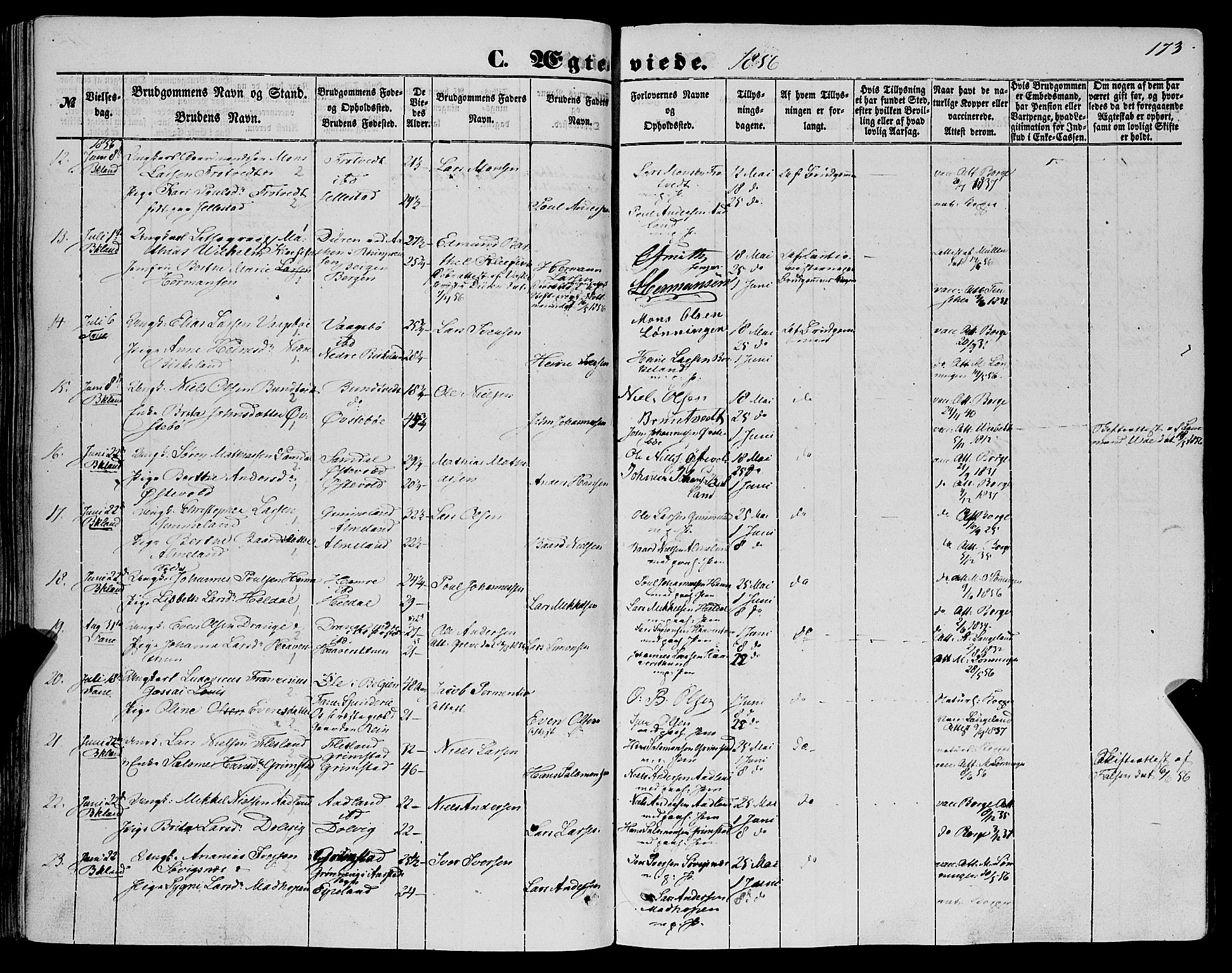 Fana Sokneprestembete, SAB/A-75101/H/Haa/Haaa/L0011: Parish register (official) no. A 11, 1851-1862, p. 173
