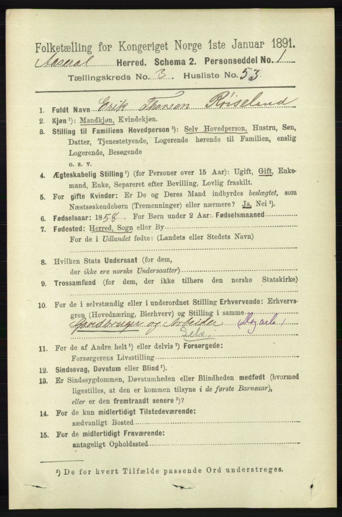 RA, 1891 census for 1026 Åseral, 1891, p. 1111