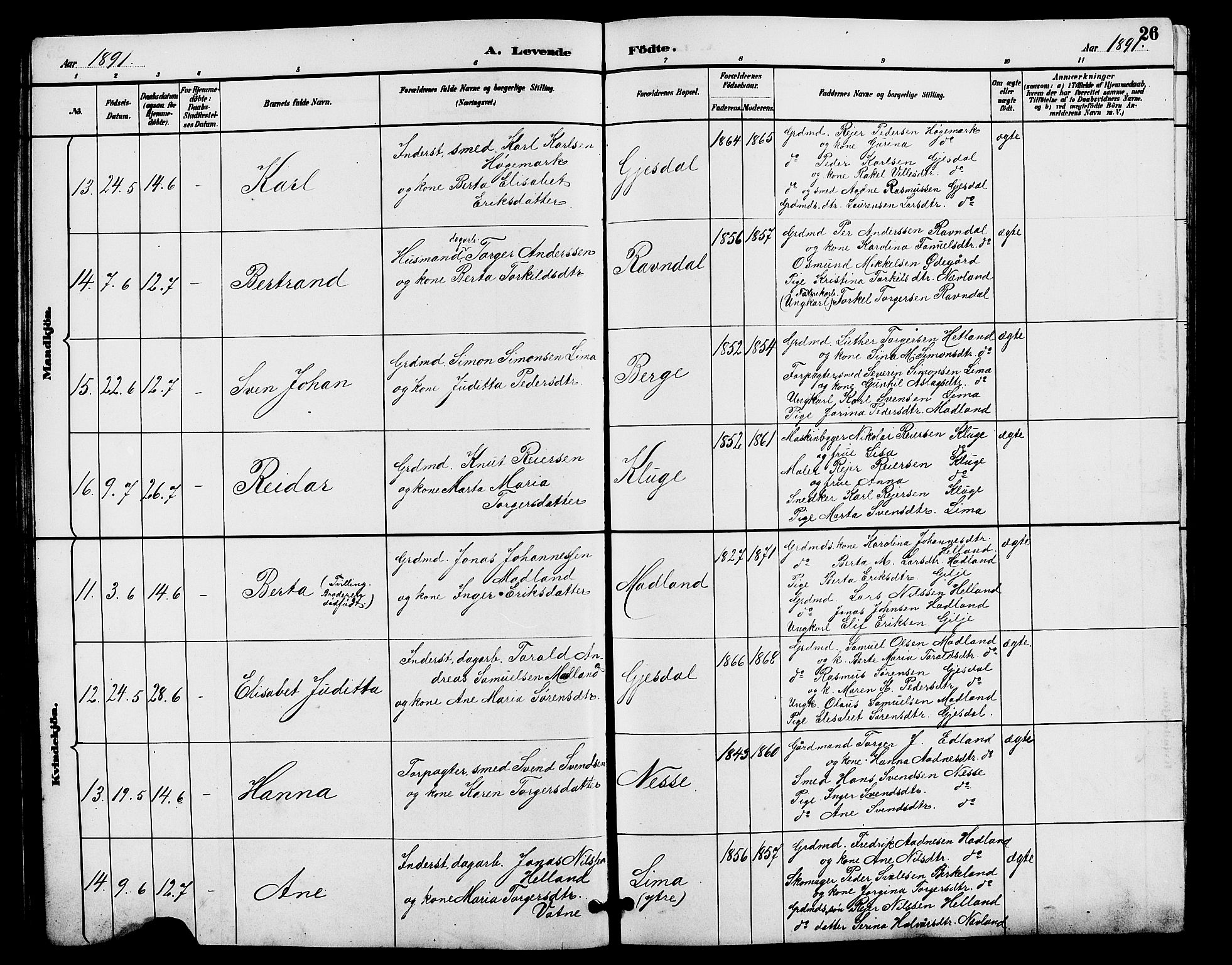 Lye sokneprestkontor, AV/SAST-A-101794/001/30BB/L0008: Parish register (copy) no. B 7, 1887-1901, p. 26