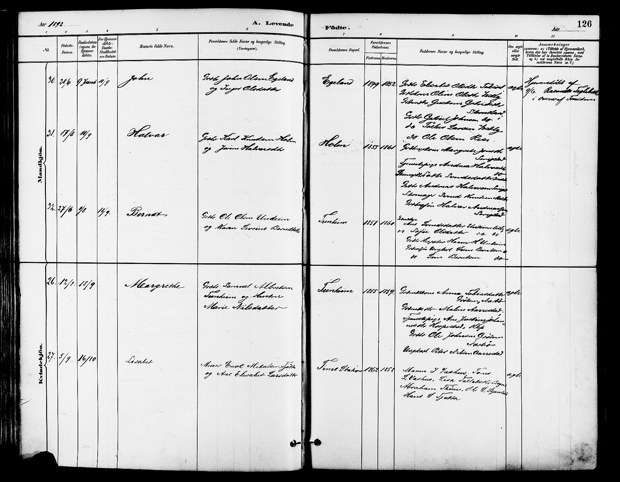 Lye sokneprestkontor, AV/SAST-A-101794/001/30BA/L0009: Parish register (official) no. A 8, 1881-1892, p. 126