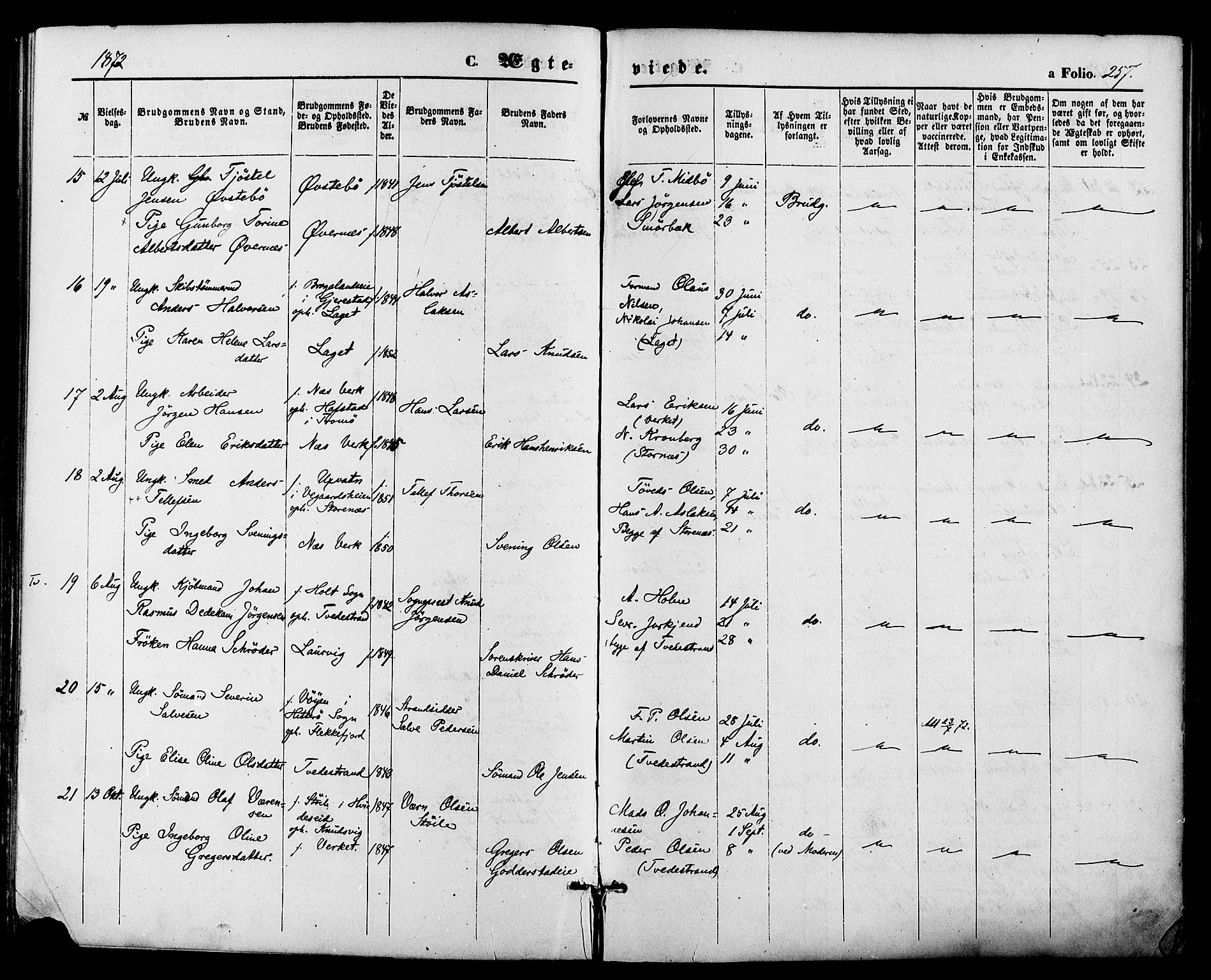 Holt sokneprestkontor, AV/SAK-1111-0021/F/Fa/L0010: Parish register (official) no. A 10, 1872-1885, p. 257