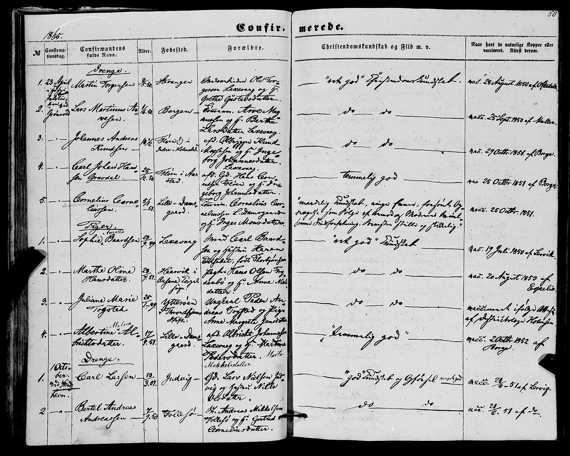 Askøy Sokneprestembete, SAB/A-74101/H/Ha/Haa/Haaa/L0012: Parish register (official) no. A 12, 1855-1877, p. 50