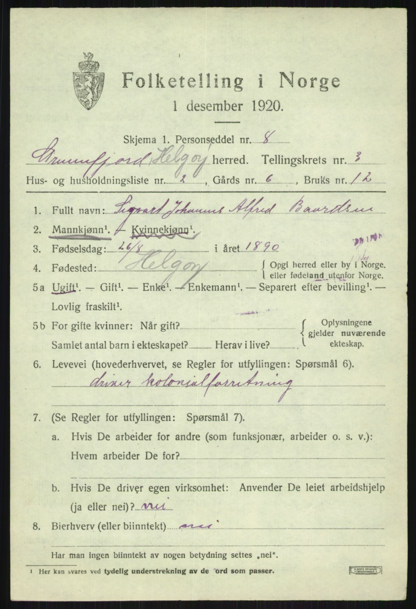 SATØ, 1920 census for Helgøy, 1920, p. 1407