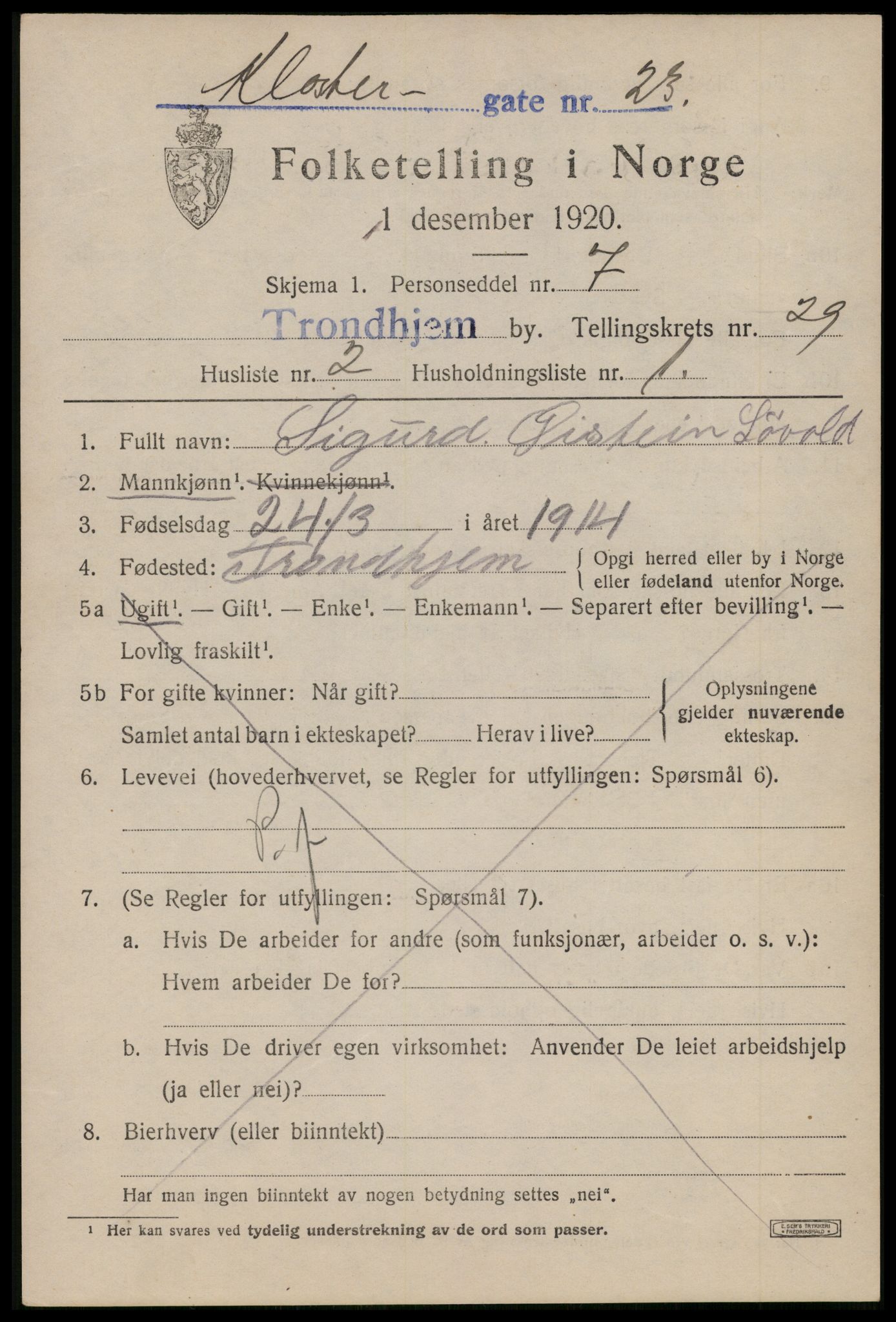 SAT, 1920 census for Trondheim, 1920, p. 72160