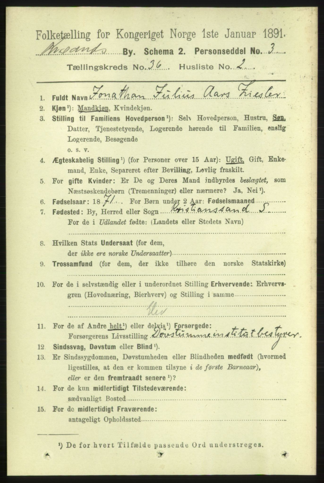 RA, 1891 census for 1001 Kristiansand, 1891, p. 11226