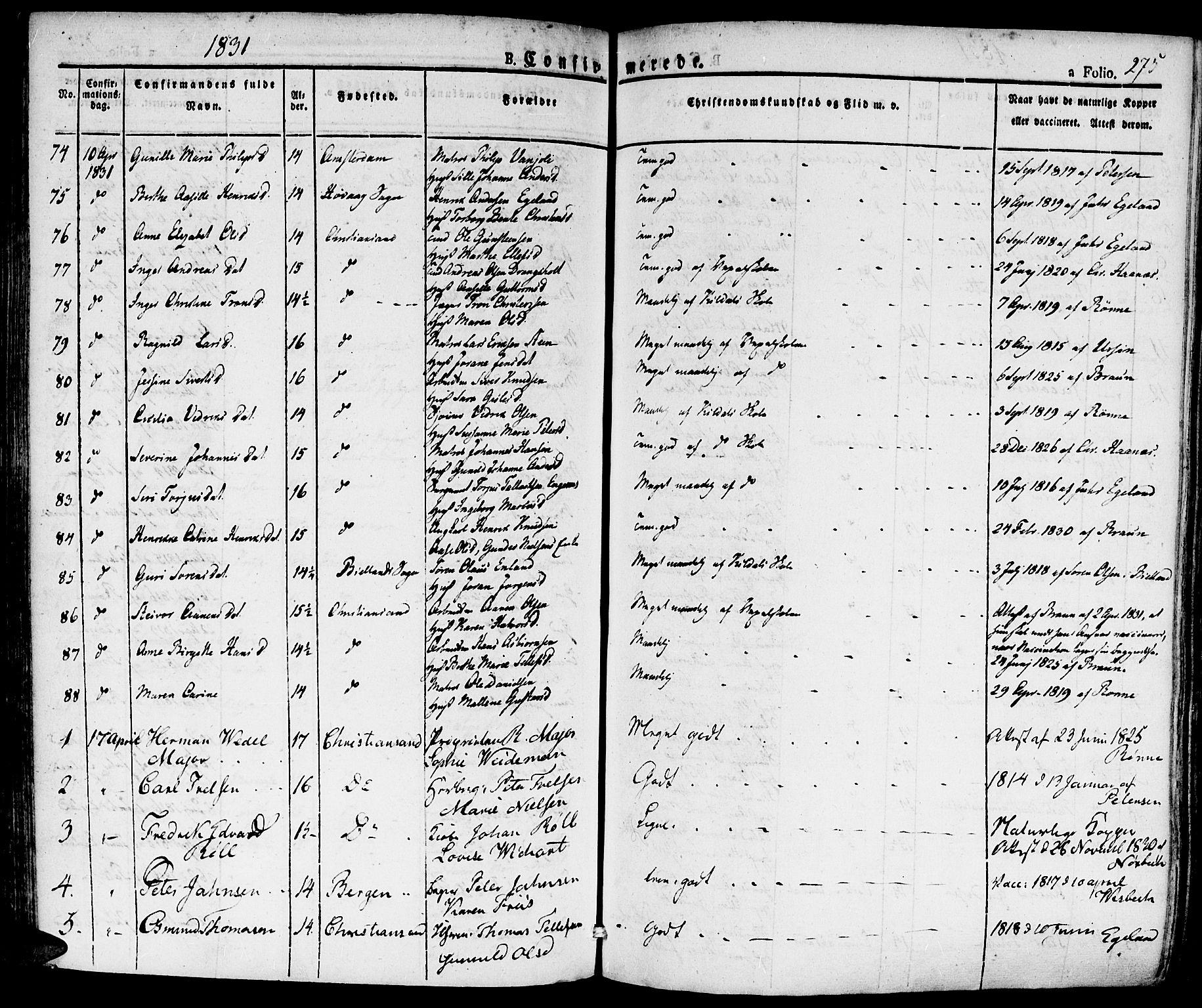 Kristiansand domprosti, SAK/1112-0006/F/Fa/L0011: Parish register (official) no. A 11, 1827-1841, p. 275