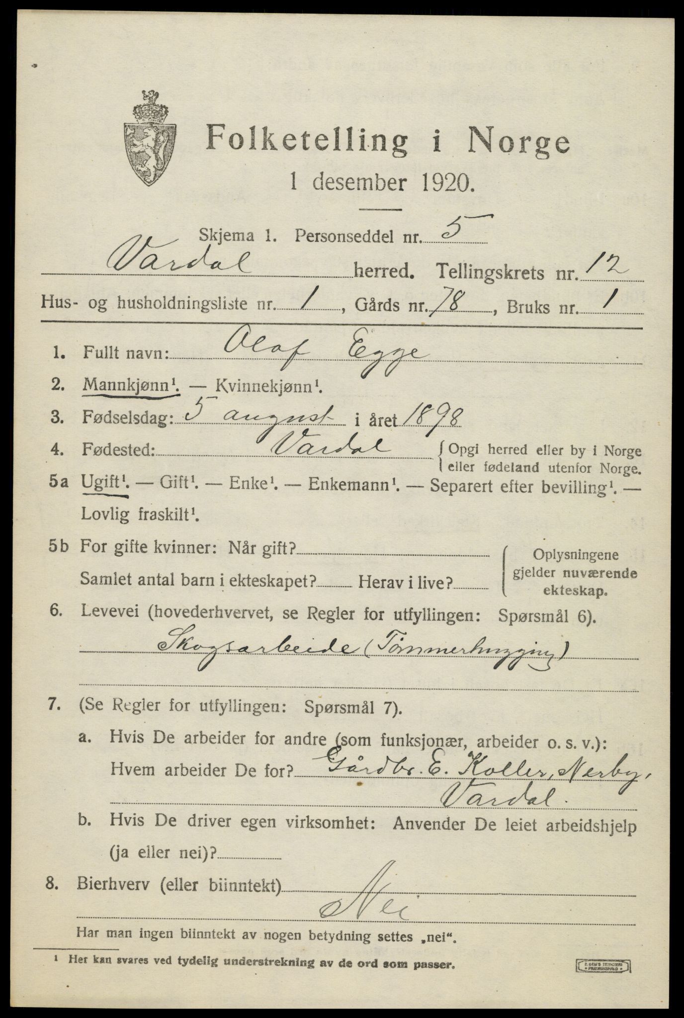 SAH, 1920 census for Vardal, 1920, p. 13143