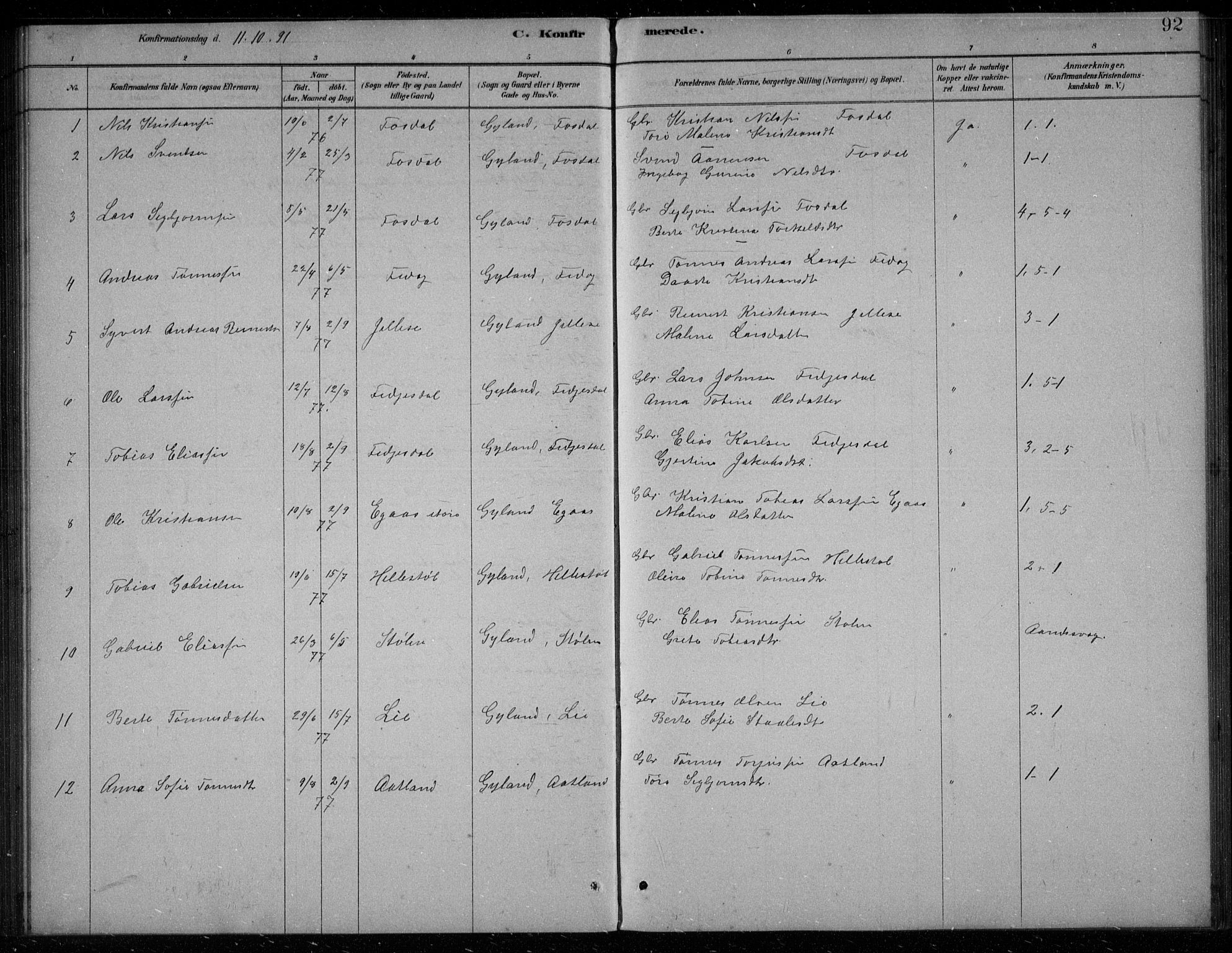 Bakke sokneprestkontor, SAK/1111-0002/F/Fb/Fbb/L0003: Parish register (copy) no. B 3, 1878-1896, p. 92