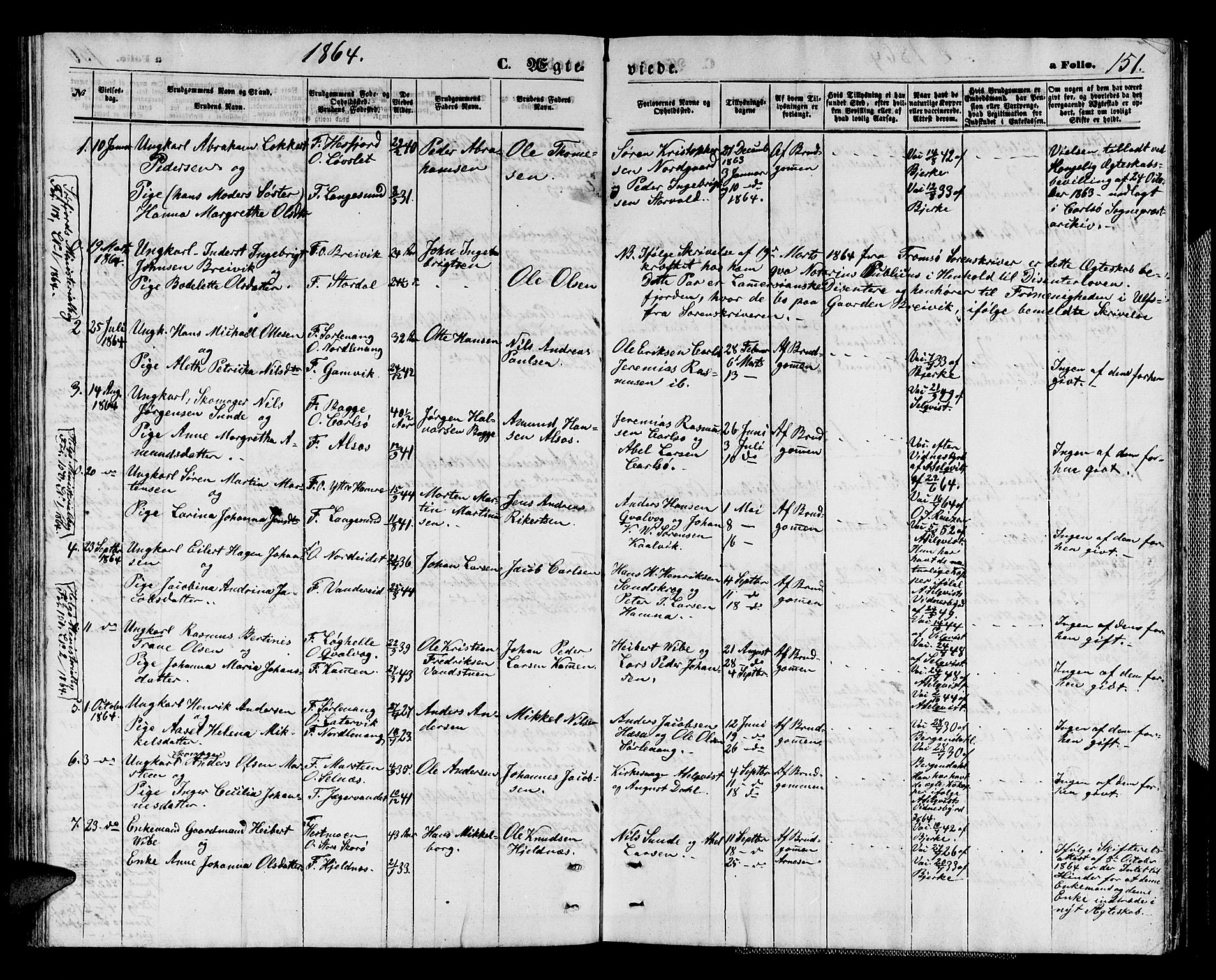 Karlsøy sokneprestembete, AV/SATØ-S-1299/H/Ha/Hab/L0003klokker: Parish register (copy) no. 3, 1862-1877, p. 151