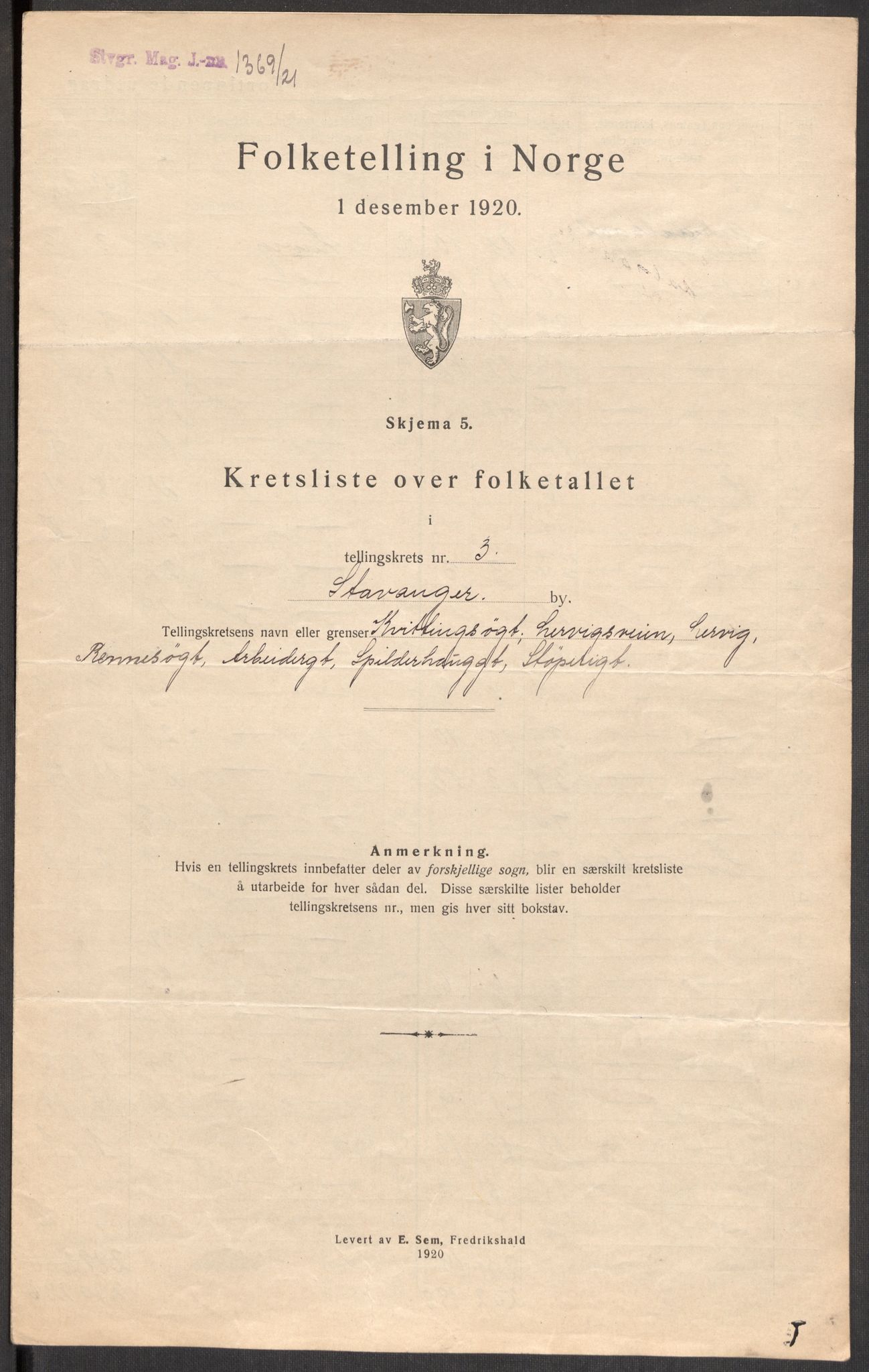 SAST, 1920 census for Stavanger, 1920, p. 13