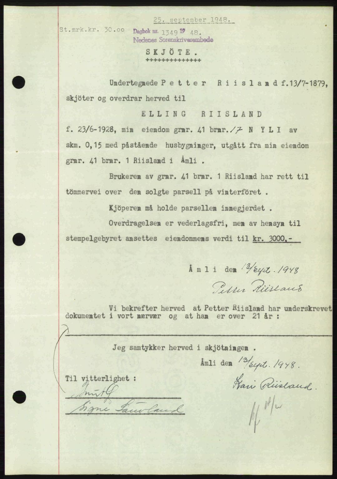 Nedenes sorenskriveri, SAK/1221-0006/G/Gb/Gba/L0059: Mortgage book no. A11, 1948-1948, Diary no: : 1349/1948