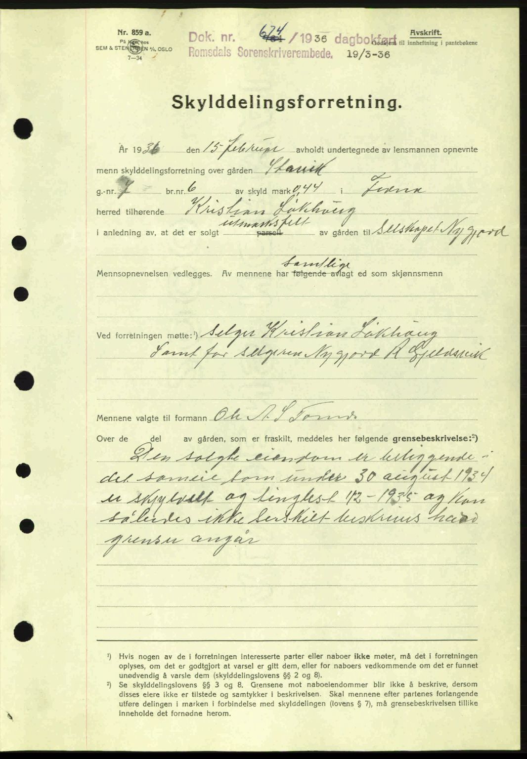 Romsdal sorenskriveri, AV/SAT-A-4149/1/2/2C: Mortgage book no. A1, 1936-1936, Diary no: : 674/1936