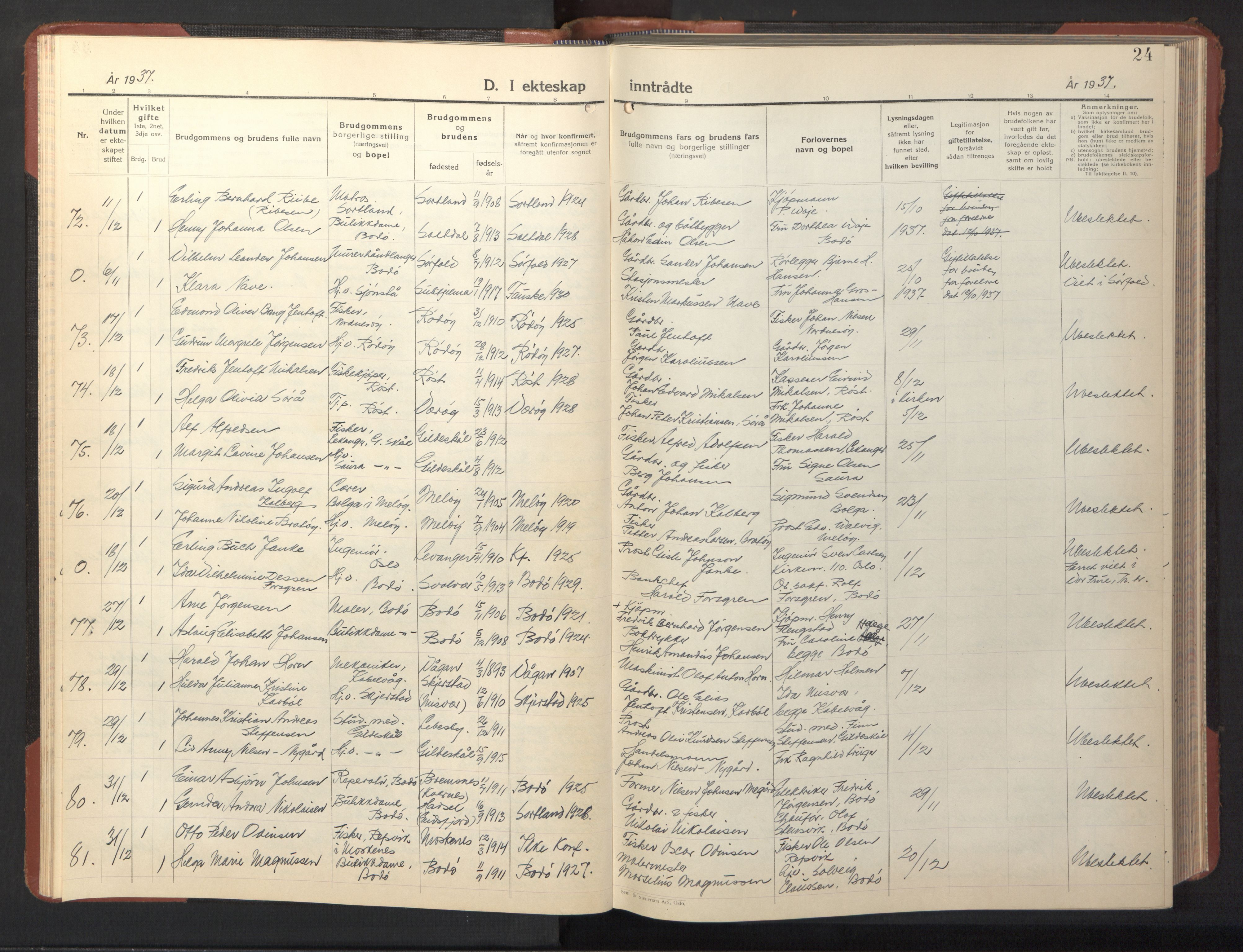 Ministerialprotokoller, klokkerbøker og fødselsregistre - Nordland, SAT/A-1459/801/L0038: Parish register (copy) no. 801C13, 1935-1951, p. 24