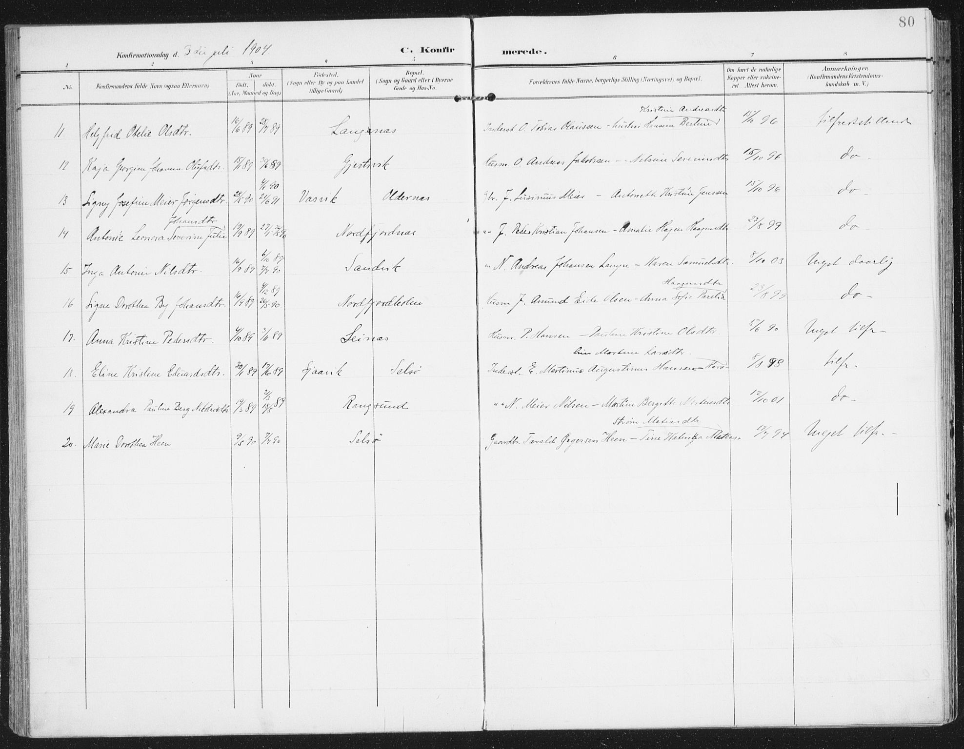 Ministerialprotokoller, klokkerbøker og fødselsregistre - Nordland, AV/SAT-A-1459/841/L0612: Parish register (official) no. 841A15, 1902-1910, p. 80