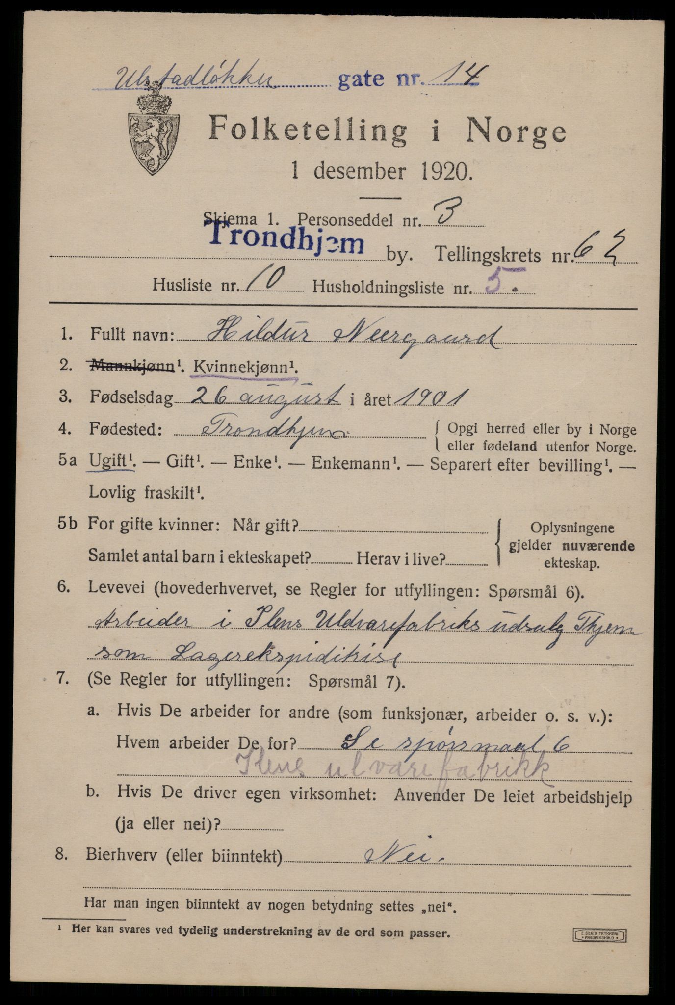 SAT, 1920 census for Trondheim, 1920, p. 125320