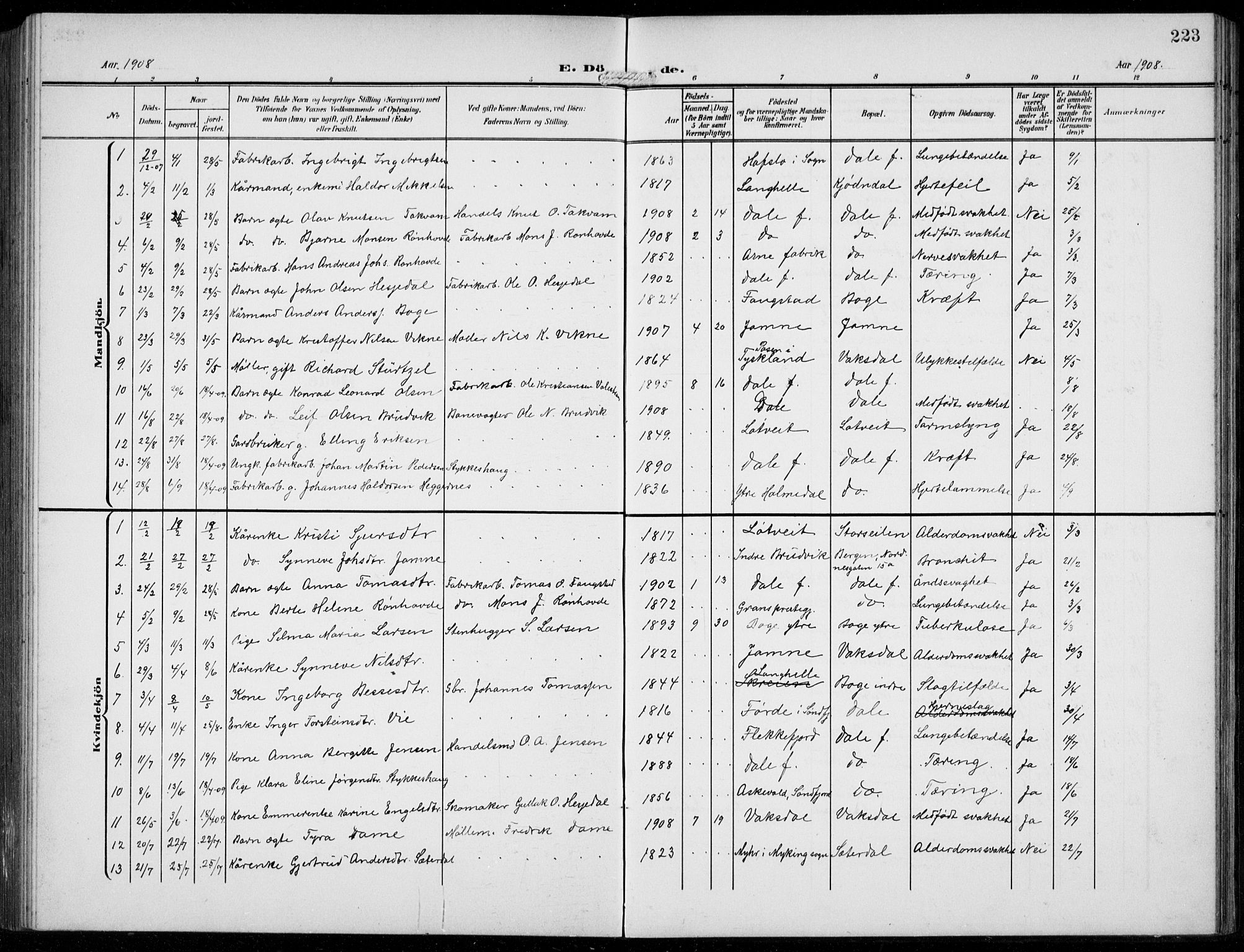 Bruvik Sokneprestembete, AV/SAB-A-74701/H/Hab: Parish register (copy) no. A  4, 1908-1937, p. 223