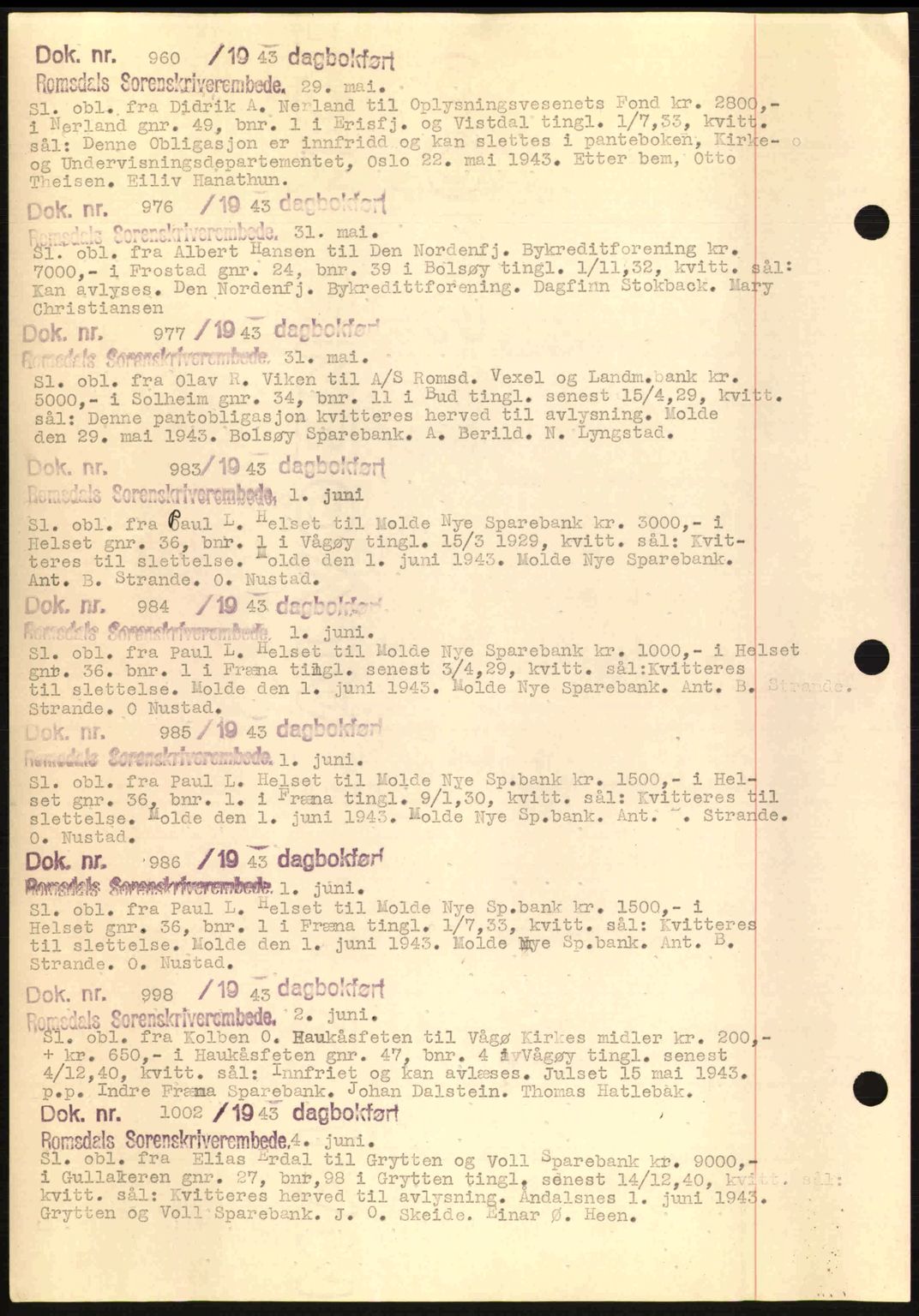 Romsdal sorenskriveri, AV/SAT-A-4149/1/2/2C: Mortgage book no. C1a, 1936-1945, Diary no: : 960/1943