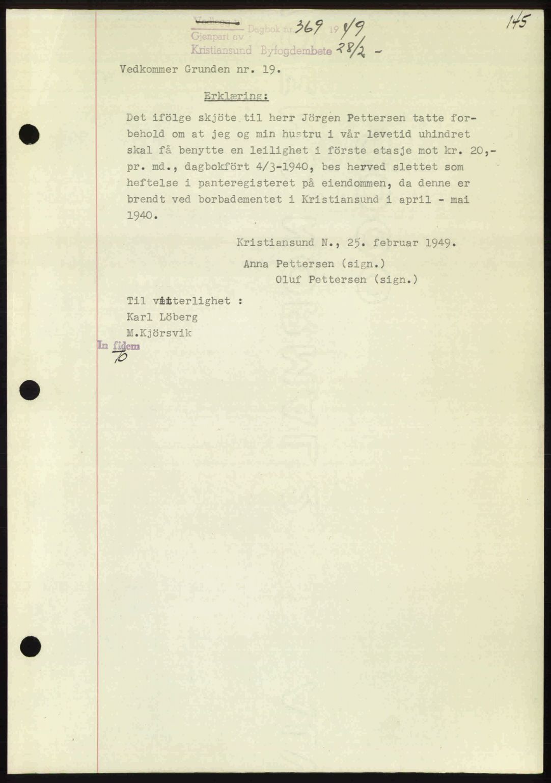 Kristiansund byfogd, AV/SAT-A-4587/A/27: Mortgage book no. 45, 1948-1949, Diary no: : 369/1949