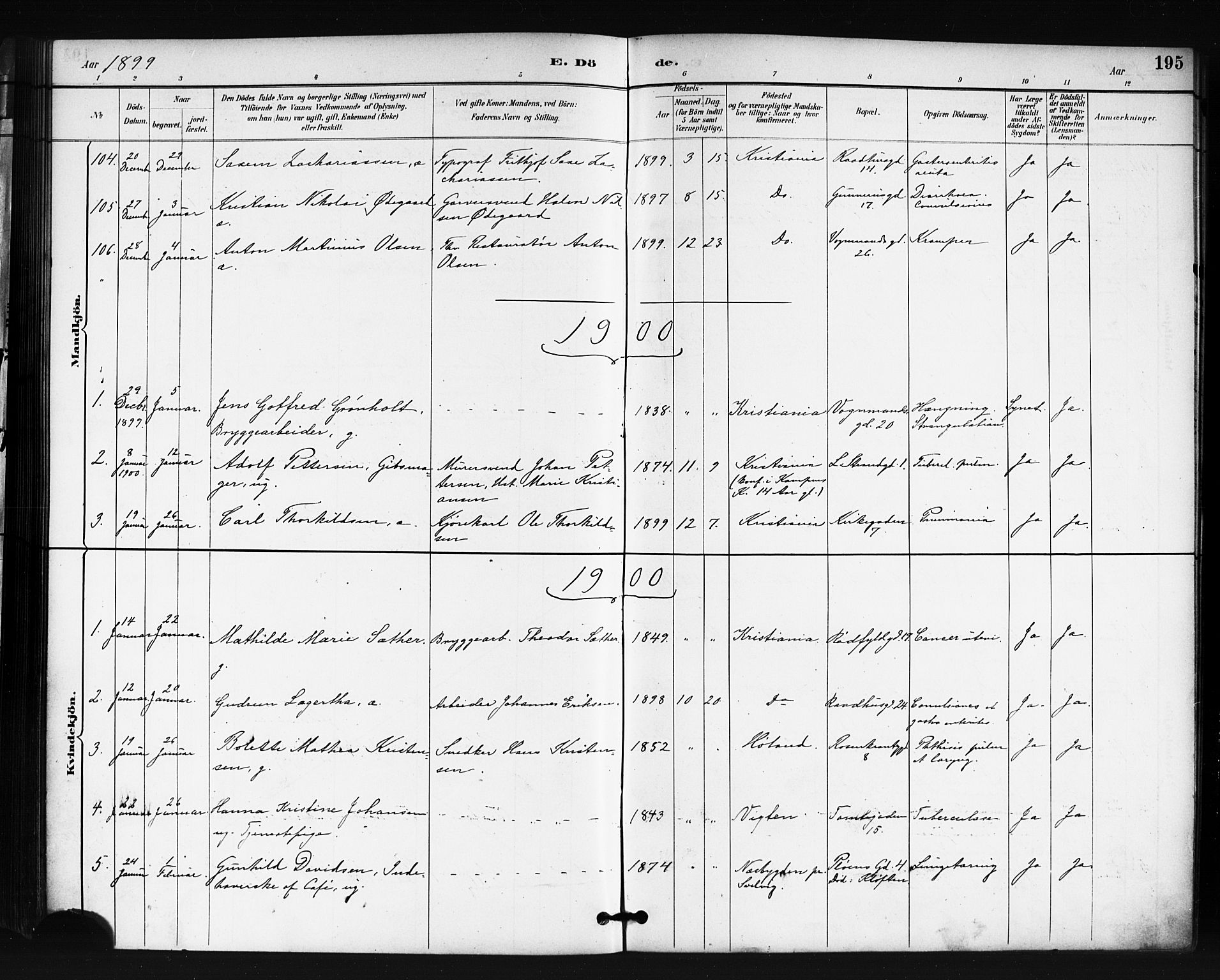 Oslo domkirke Kirkebøker, SAO/A-10752/F/Fa/L0035: Parish register (official) no. 35, 1885-1901, p. 195