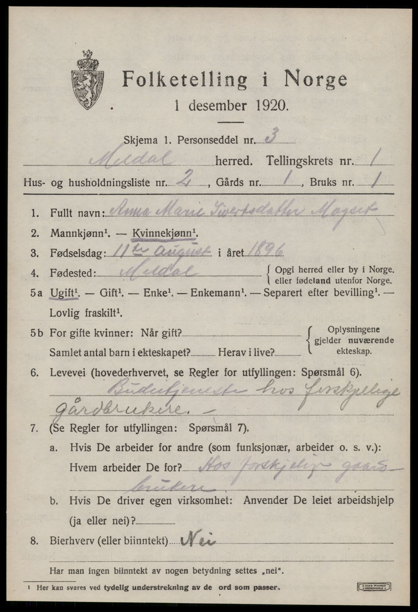 SAT, 1920 census for Meldal, 1920, p. 1873