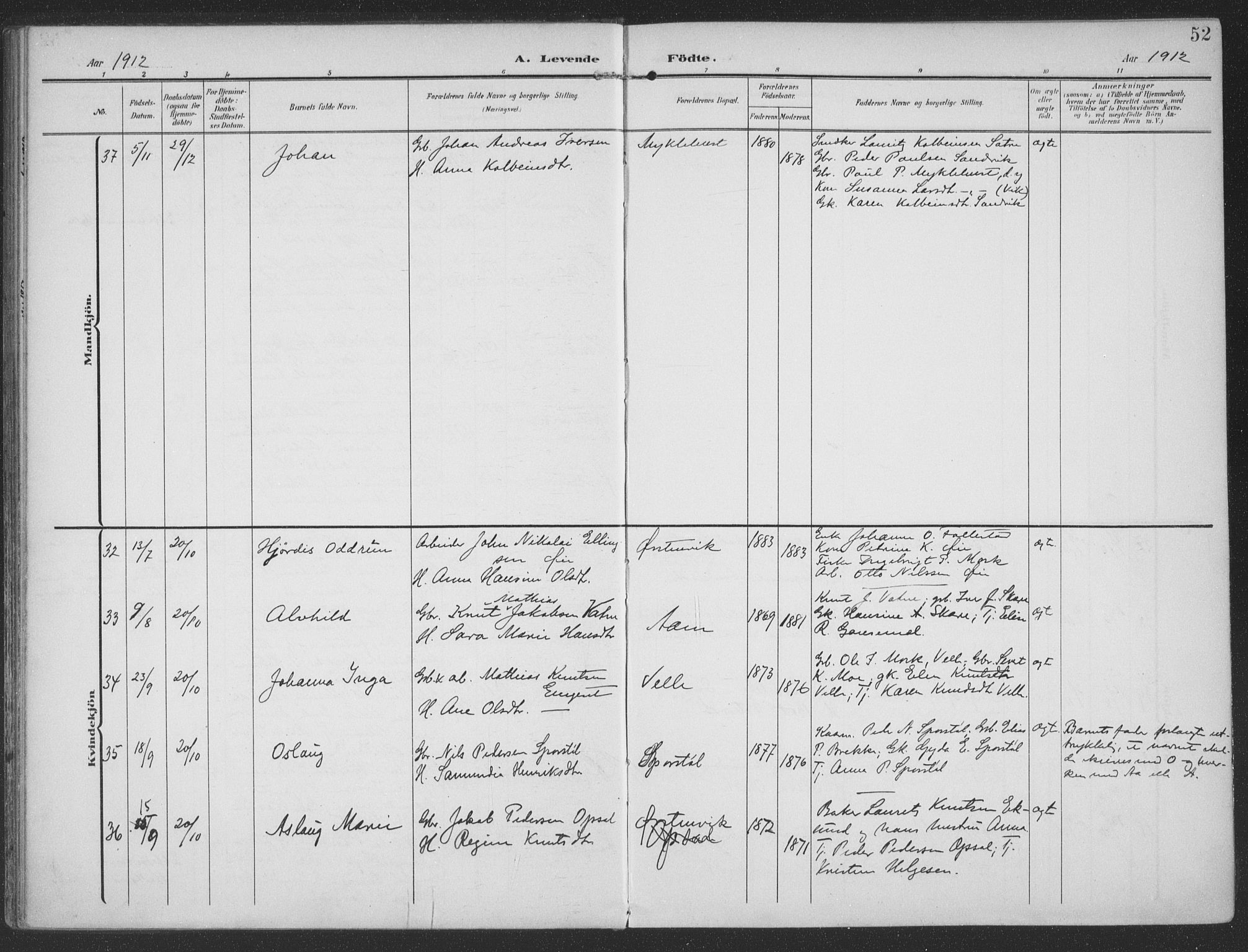 Ministerialprotokoller, klokkerbøker og fødselsregistre - Møre og Romsdal, AV/SAT-A-1454/513/L0178: Parish register (official) no. 513A05, 1906-1919, p. 52