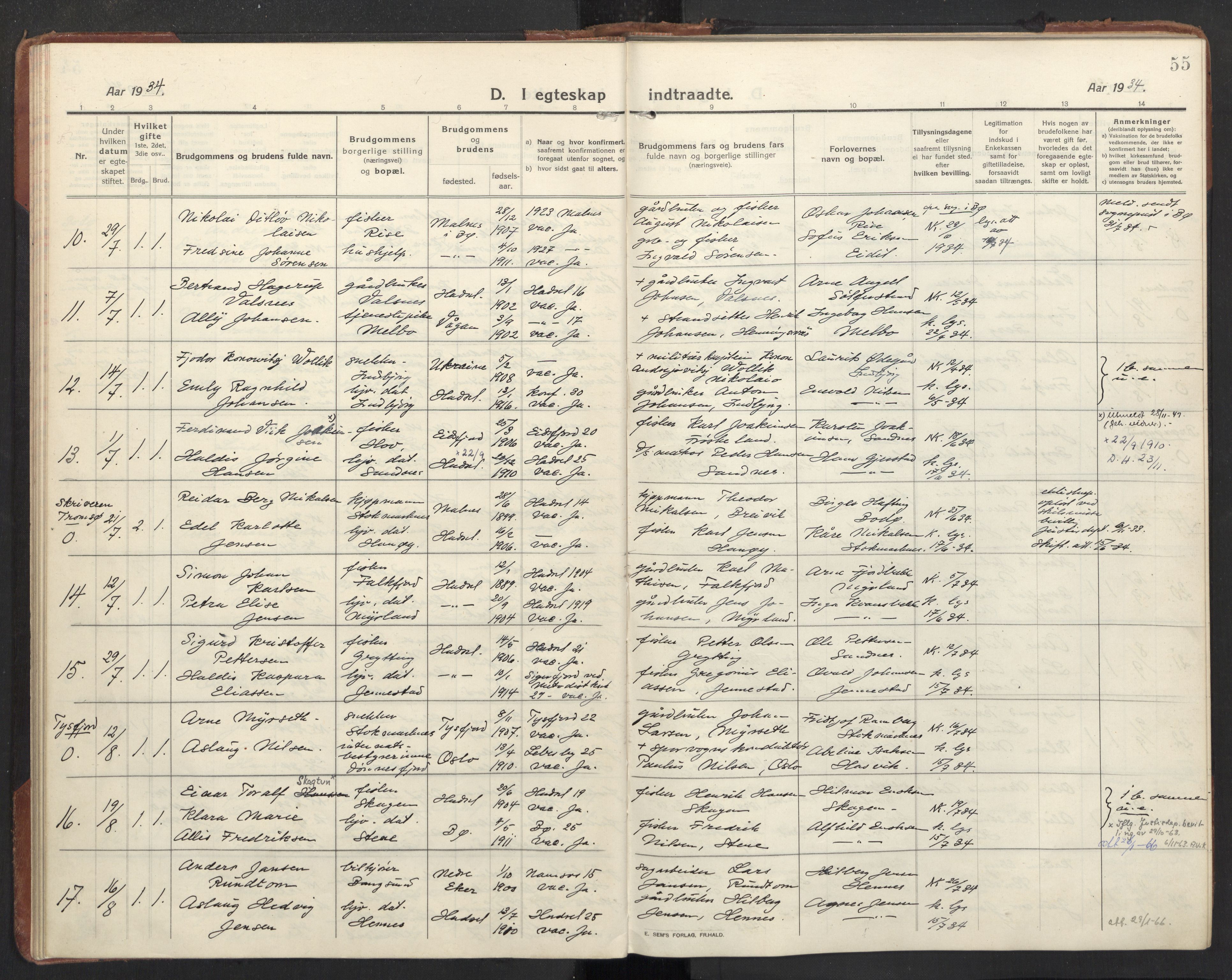 Ministerialprotokoller, klokkerbøker og fødselsregistre - Nordland, AV/SAT-A-1459/888/L1269: Parish register (copy) no. 888C11, 1913-1937, p. 55