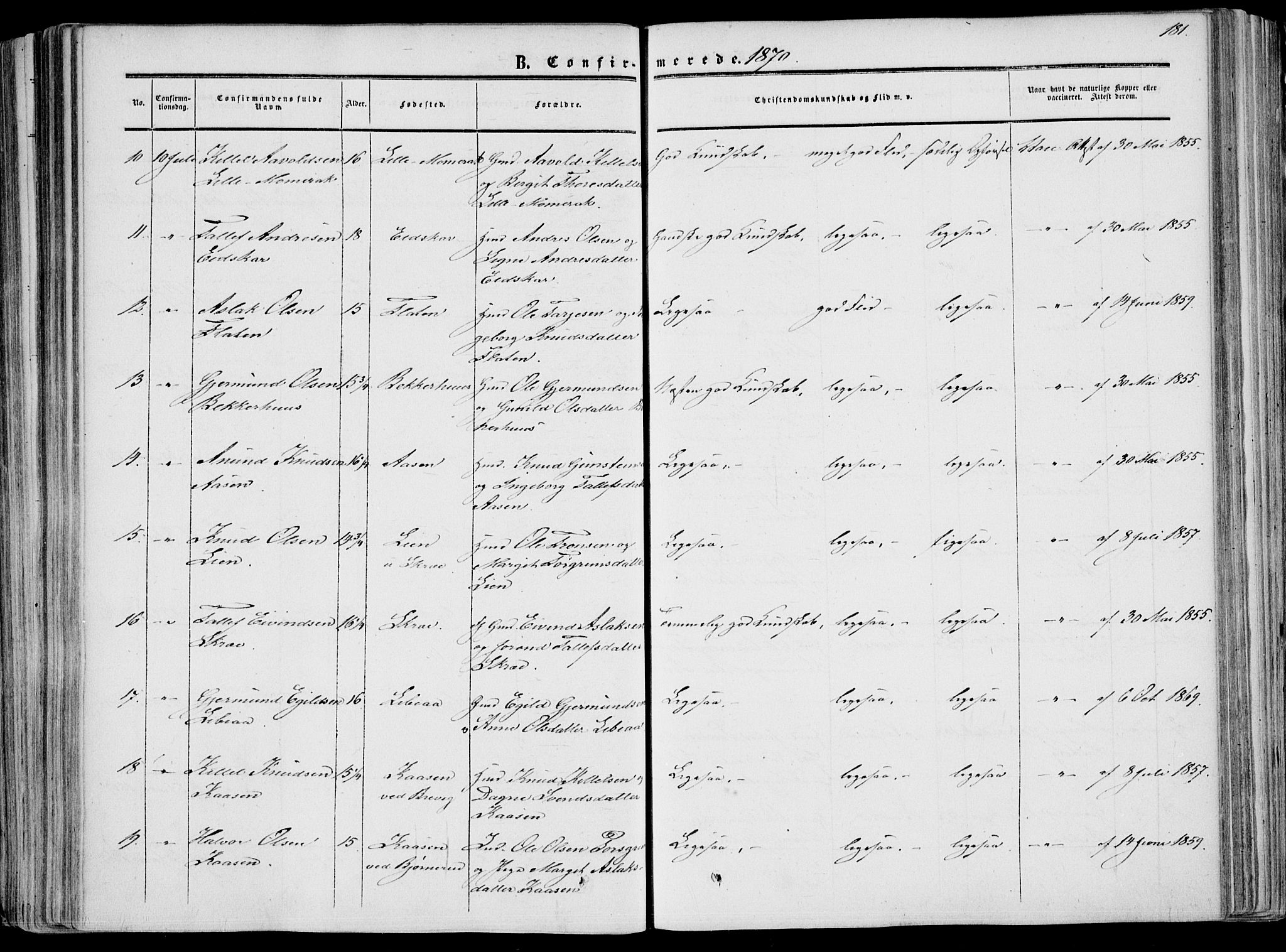 Fyresdal kirkebøker, SAKO/A-263/F/Fa/L0005: Parish register (official) no. I 5, 1855-1871, p. 181