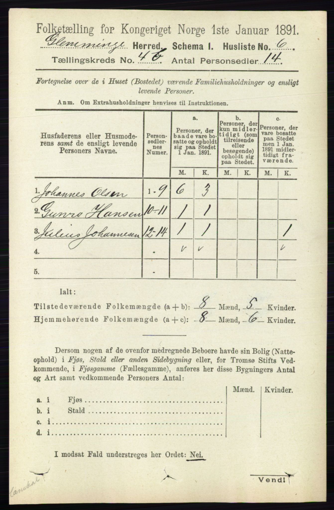 RA, 1891 census for 0132 Glemmen, 1891, p. 4740