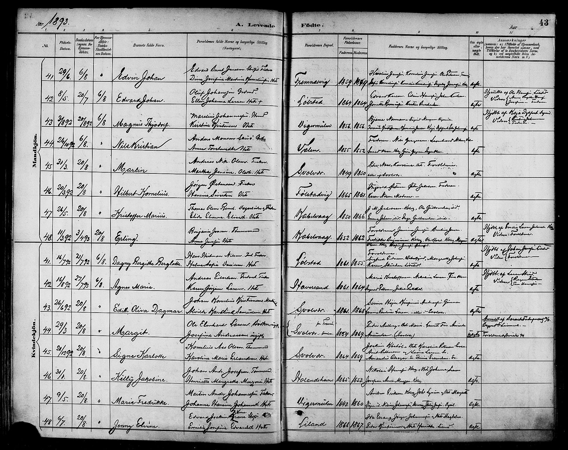 Ministerialprotokoller, klokkerbøker og fødselsregistre - Nordland, SAT/A-1459/874/L1060: Parish register (official) no. 874A04, 1890-1899, p. 43